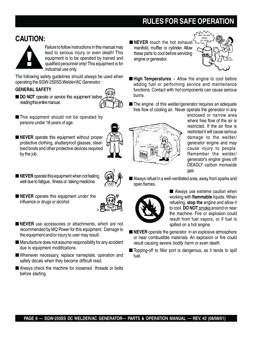 Multiquip SGW-250SS operation manual Rules for Safe Operation, General Safety 