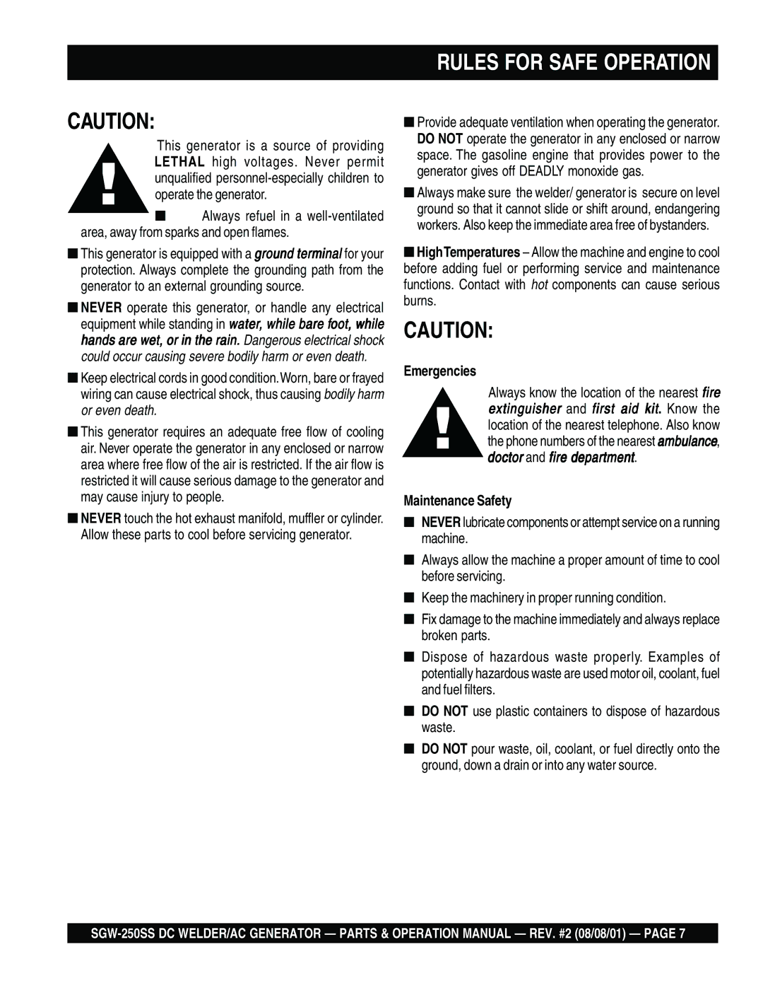 Multiquip SGW-250SS operation manual Rules for Safe Operation 