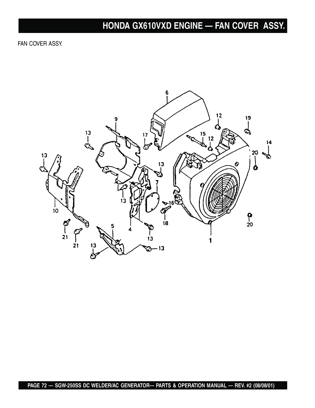 Multiquip SGW-250SS operation manual Honda GX610VXD Engine FAN Cover Assy 