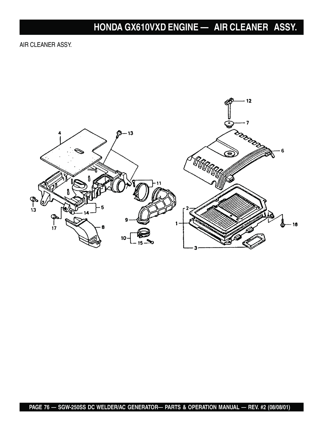 Multiquip SGW-250SS operation manual Honda GX610VXD Engine AIR Cleaner Assy 