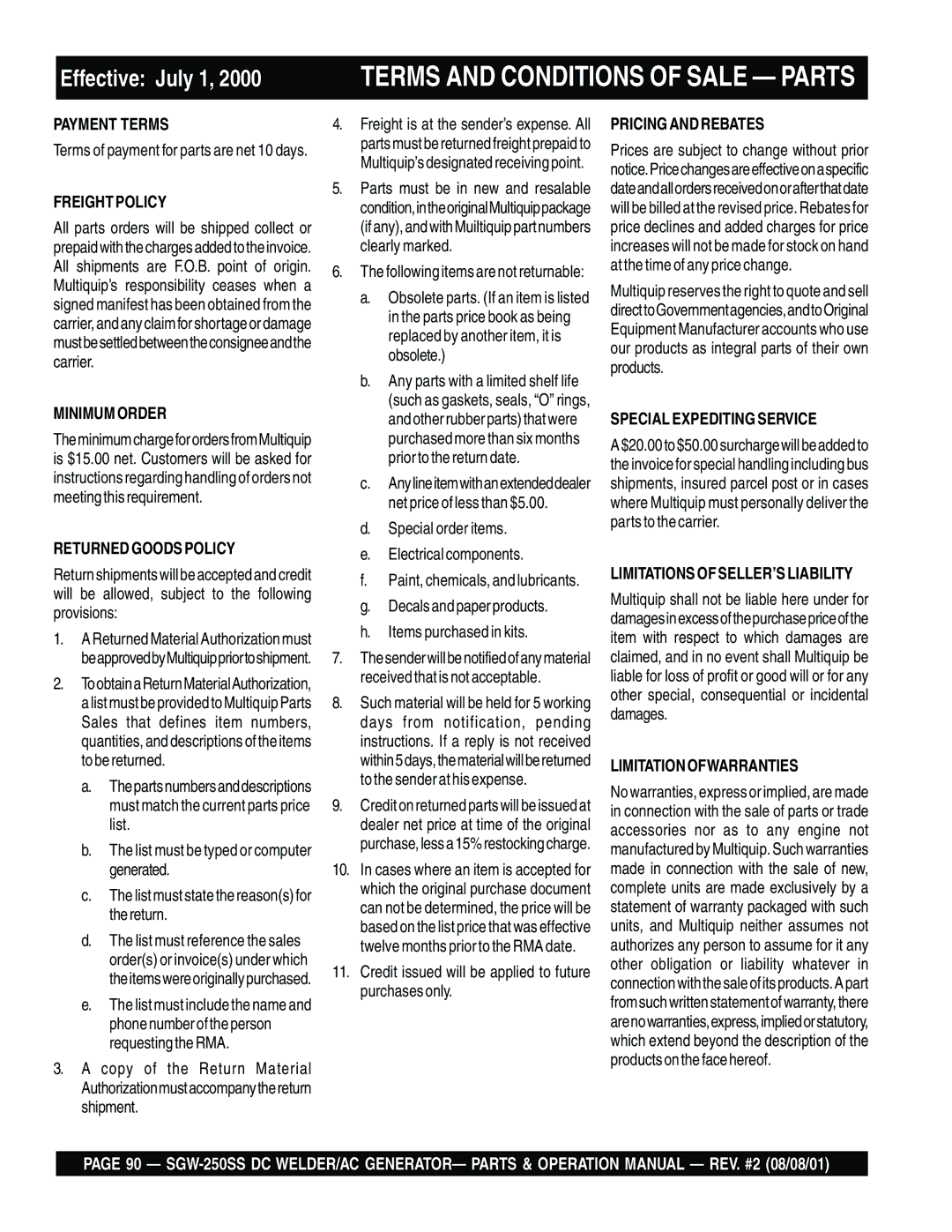 Multiquip SGW-250SS operation manual Effective July 1 