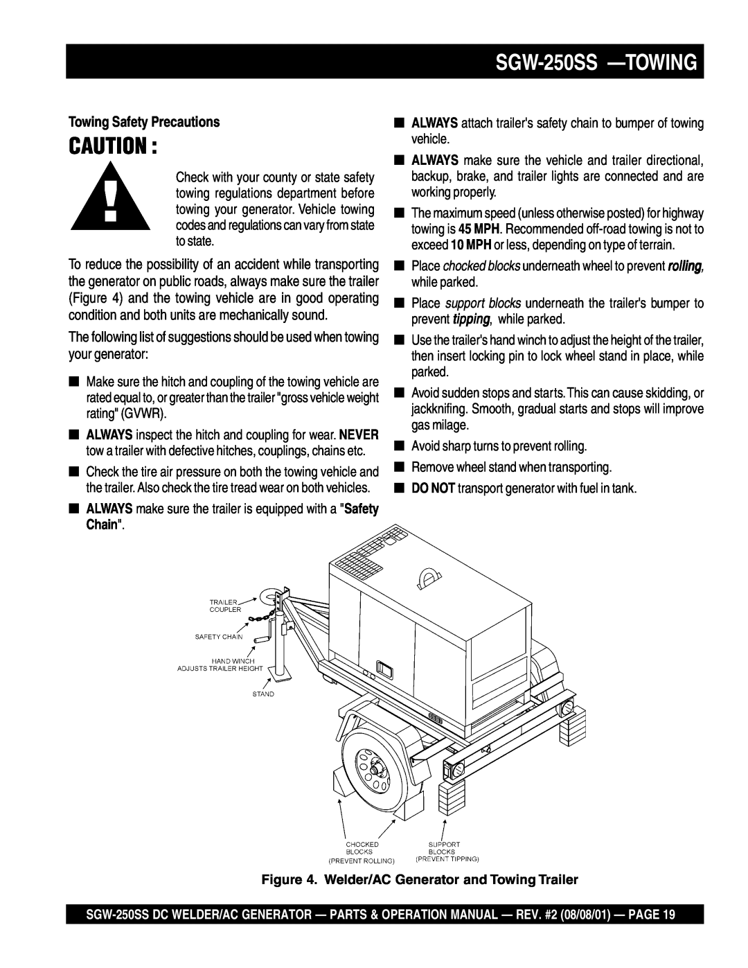 Multiquip operation manual SGW-250SS -TOWING, Towing Safety Precautions, Welder/AC Generator and Towing Trailer 