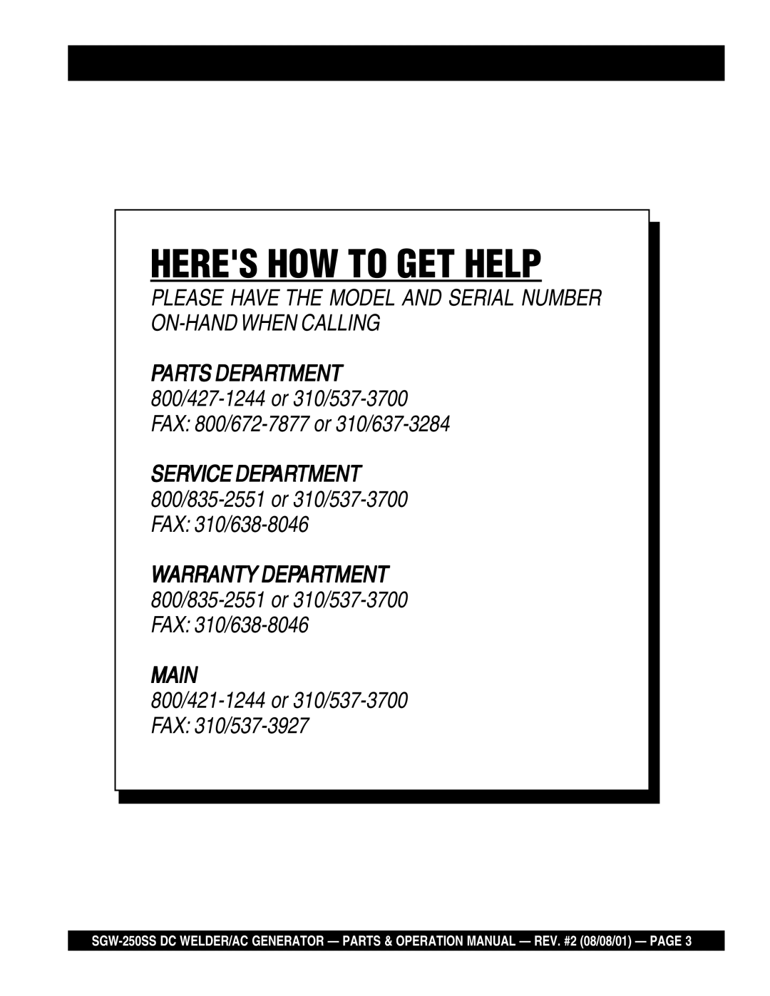 Multiquip SGW-250SS operation manual Heres How To Get Help, Main, 800/421-1244or 310/537-3700FAX 310/537-3927 