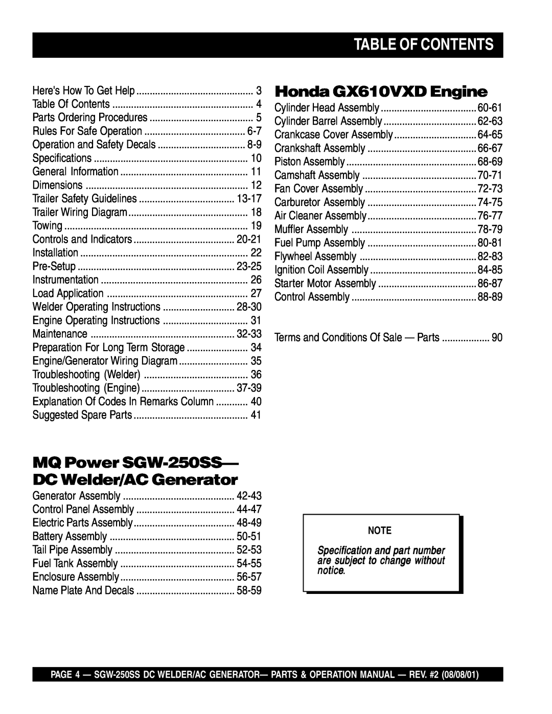 Multiquip operation manual Table Of Contents, Honda GX610VXD Engine, MQ Power SGW-250SS-DC Welder/AC Generator 