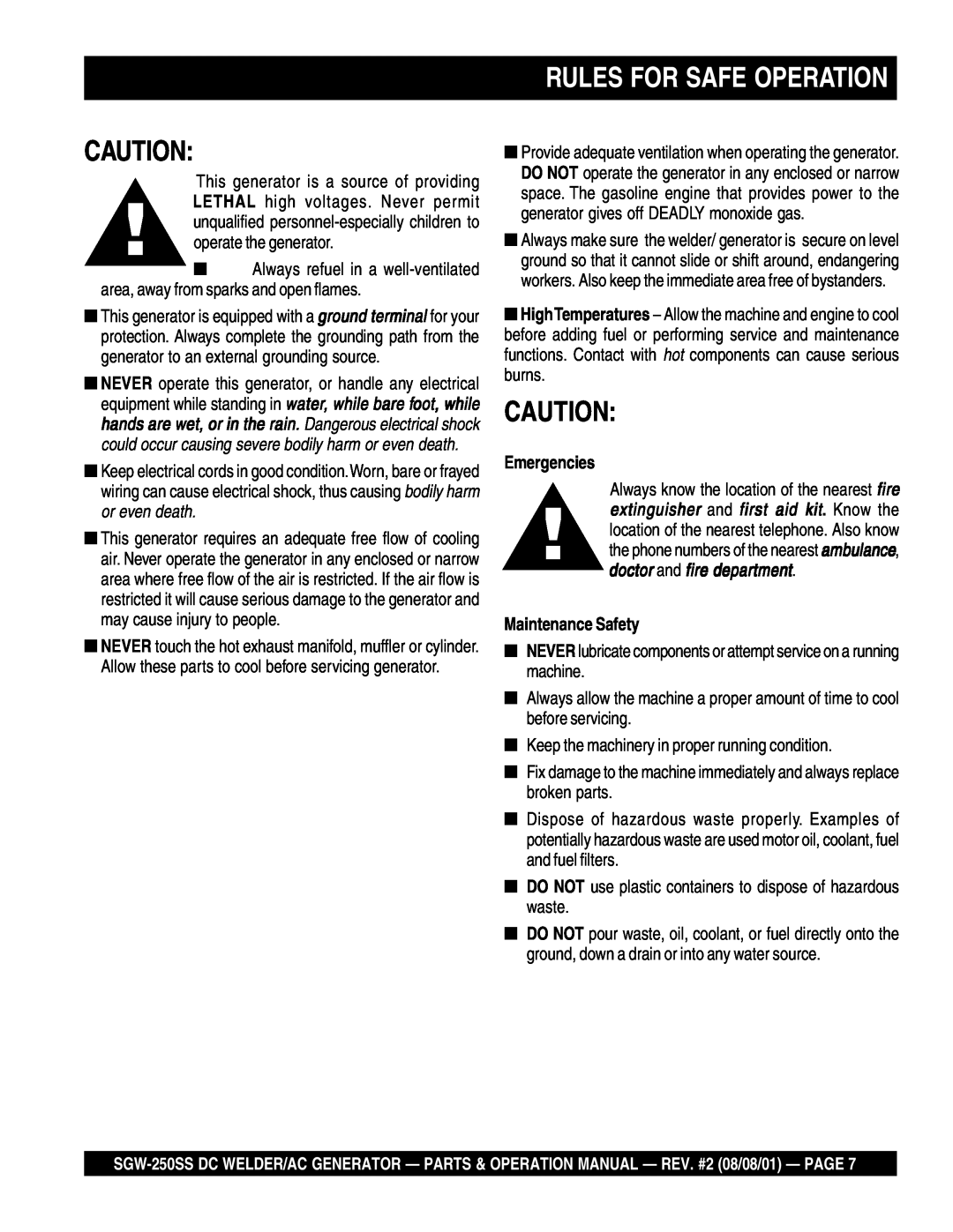 Multiquip SGW-250SS operation manual Rules For Safe Operation, Emergencies, Maintenance Safety 