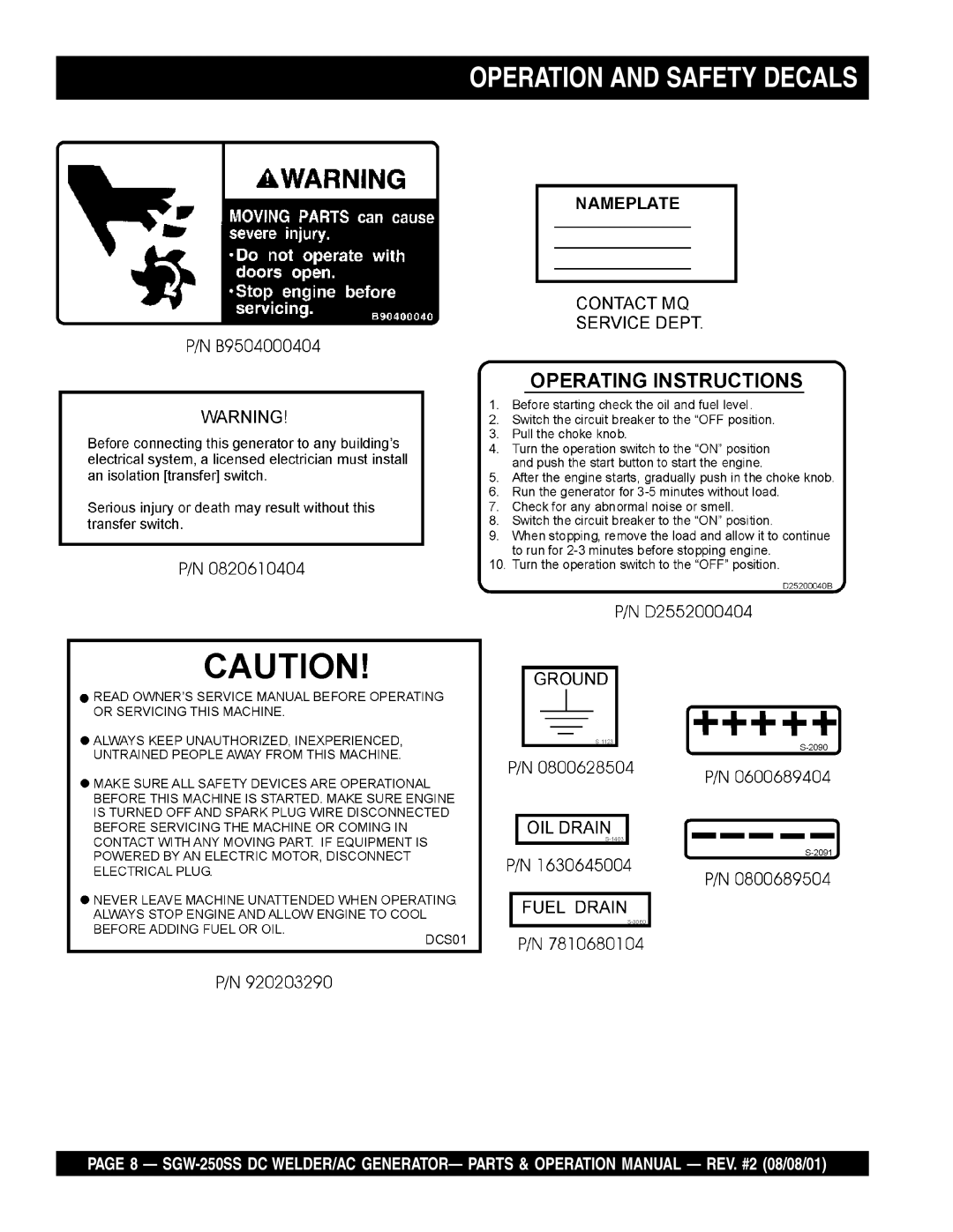 Multiquip SGW-250SS operation manual Operation And Safety Decals 
