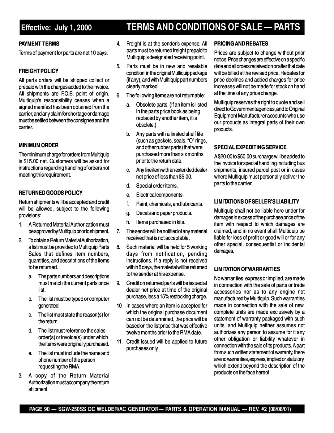 Multiquip SGW-250SS Effective July, Terms And Conditions Of Sale - Parts, b.The list must be typed or computer generated 