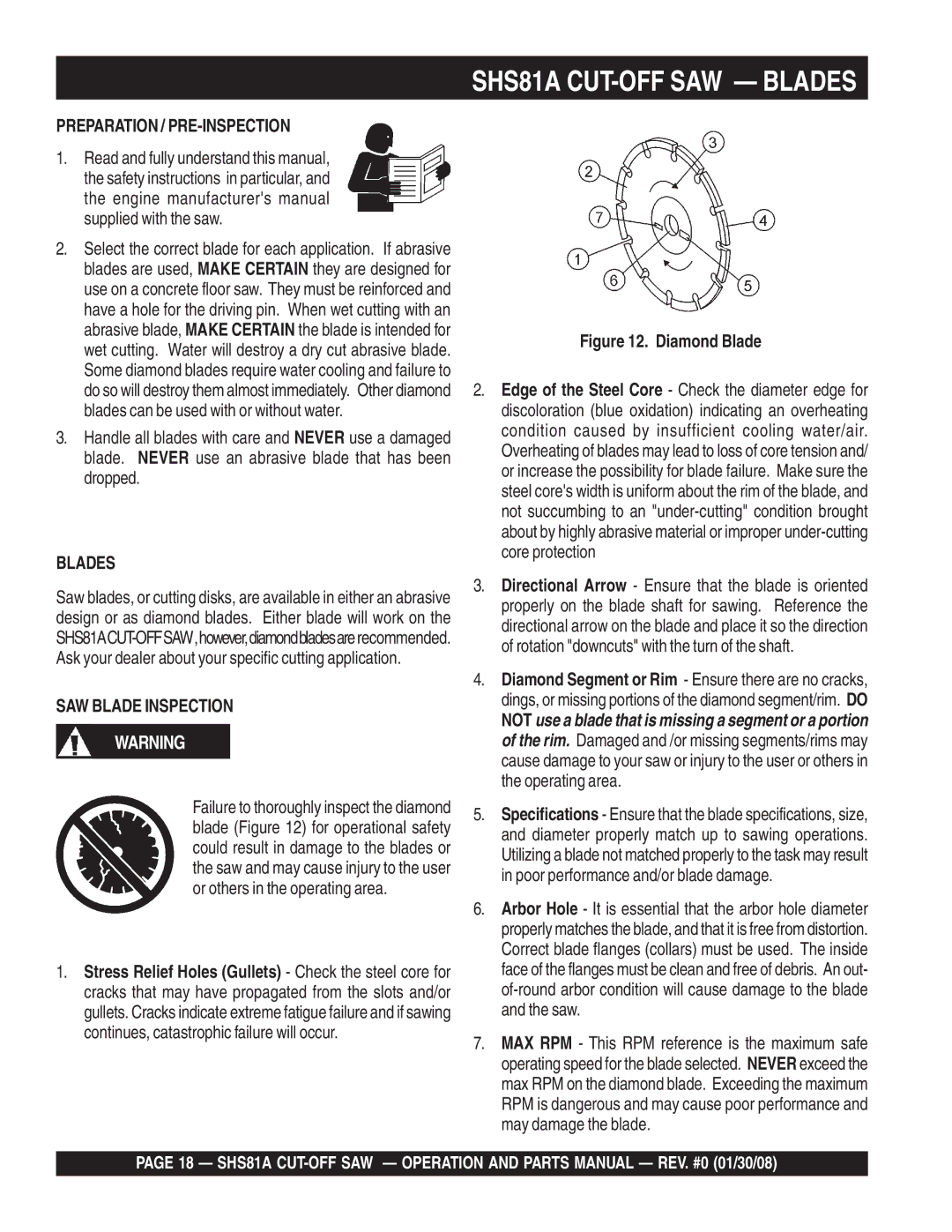 Multiquip manual SHS81A CUT-OFF SAW Blades, Diamond Blade 