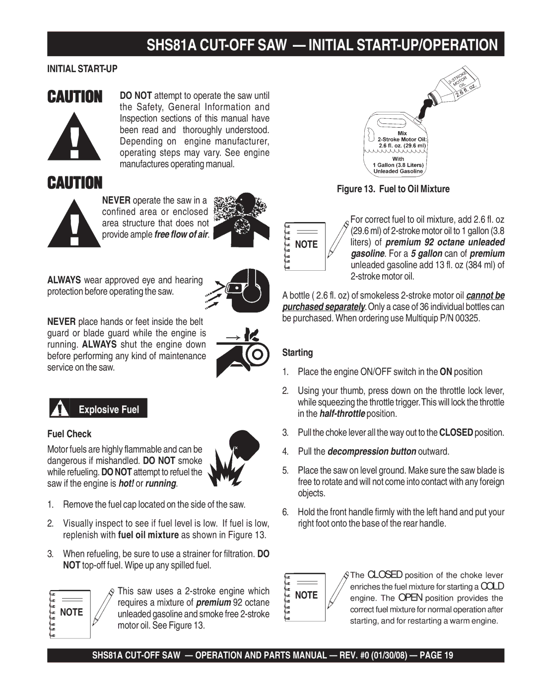 Multiquip manual SHS81A CUT-OFF SAW Initial START-UP/OPERATION, Fuel Check, Starting 