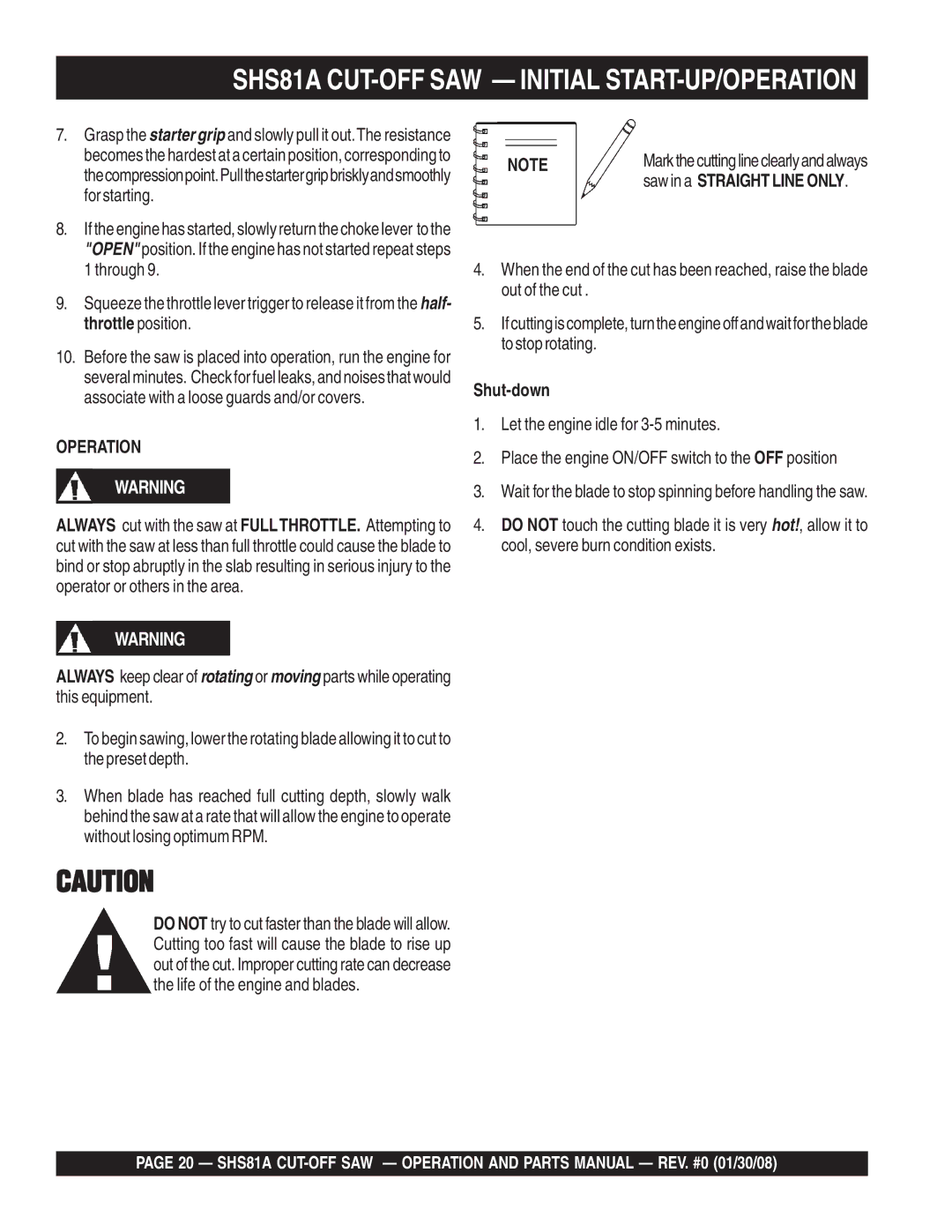 Multiquip manual SHS81A CUT-OFF SAW Initial START-UP/OPERATION, Shut-down 