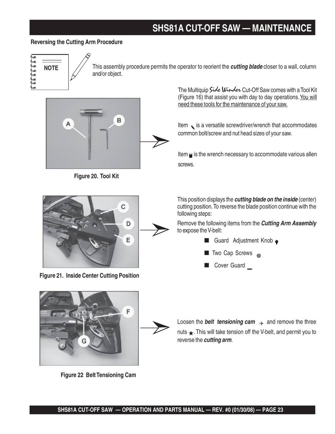 Multiquip SHS81A manual Reversing the Cutting Arm Procedure, Tool Kit 