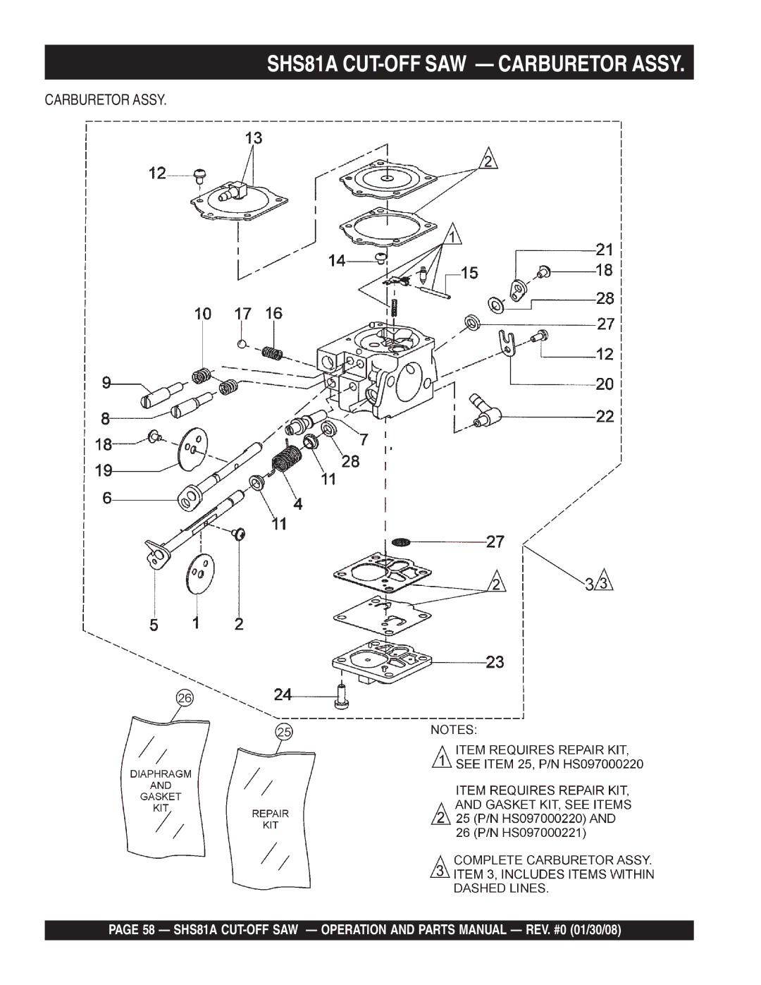 Multiquip manual SHS81A CUT-OFF SAW Carburetor Assy 