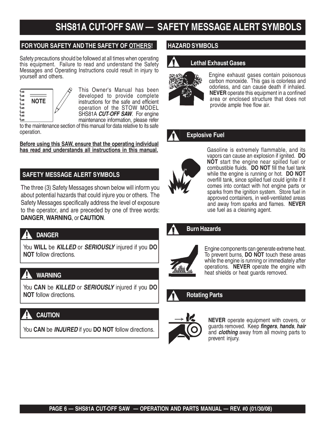 Multiquip manual SHS81A CUT-OFF SAW Safety Message Alert Symbols 