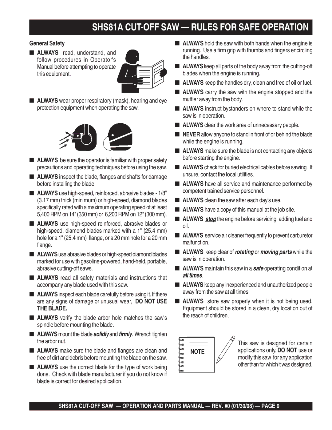 Multiquip manual SHS81A CUT-OFF SAW Rules for Safe Operation, General Safety 