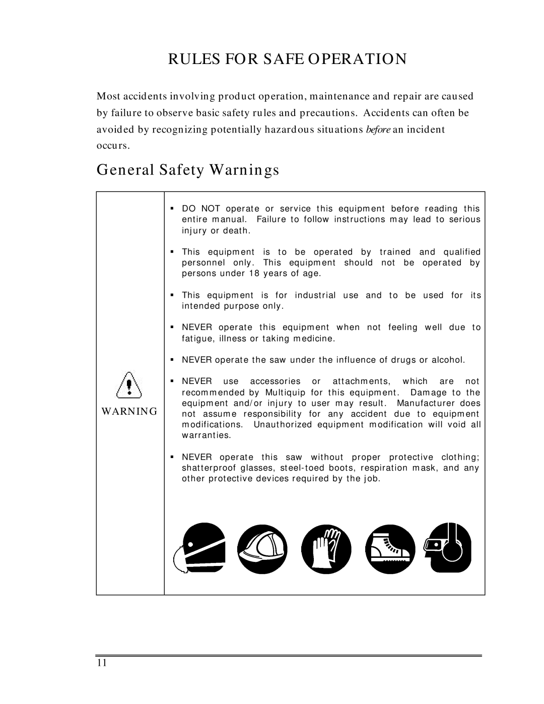 Multiquip Sp-6065 operation manual Rules for Safe Operation, General Safety Warnings 