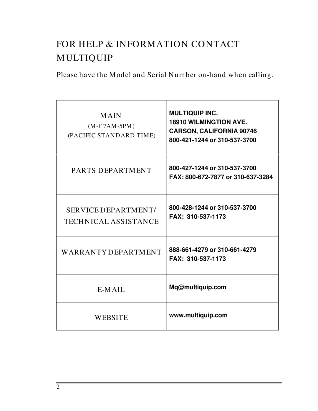 Multiquip Sp-6065 operation manual For Help & Information Contact Multiquip 