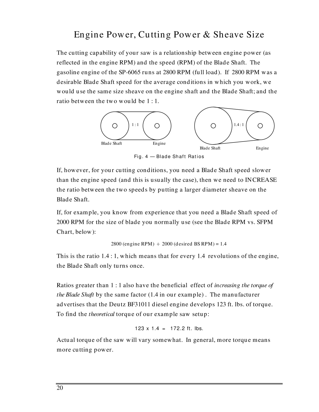 Multiquip Sp-6065 operation manual Engine Power, Cutting Power & Sheave Size, Blade Shaft Ratios 