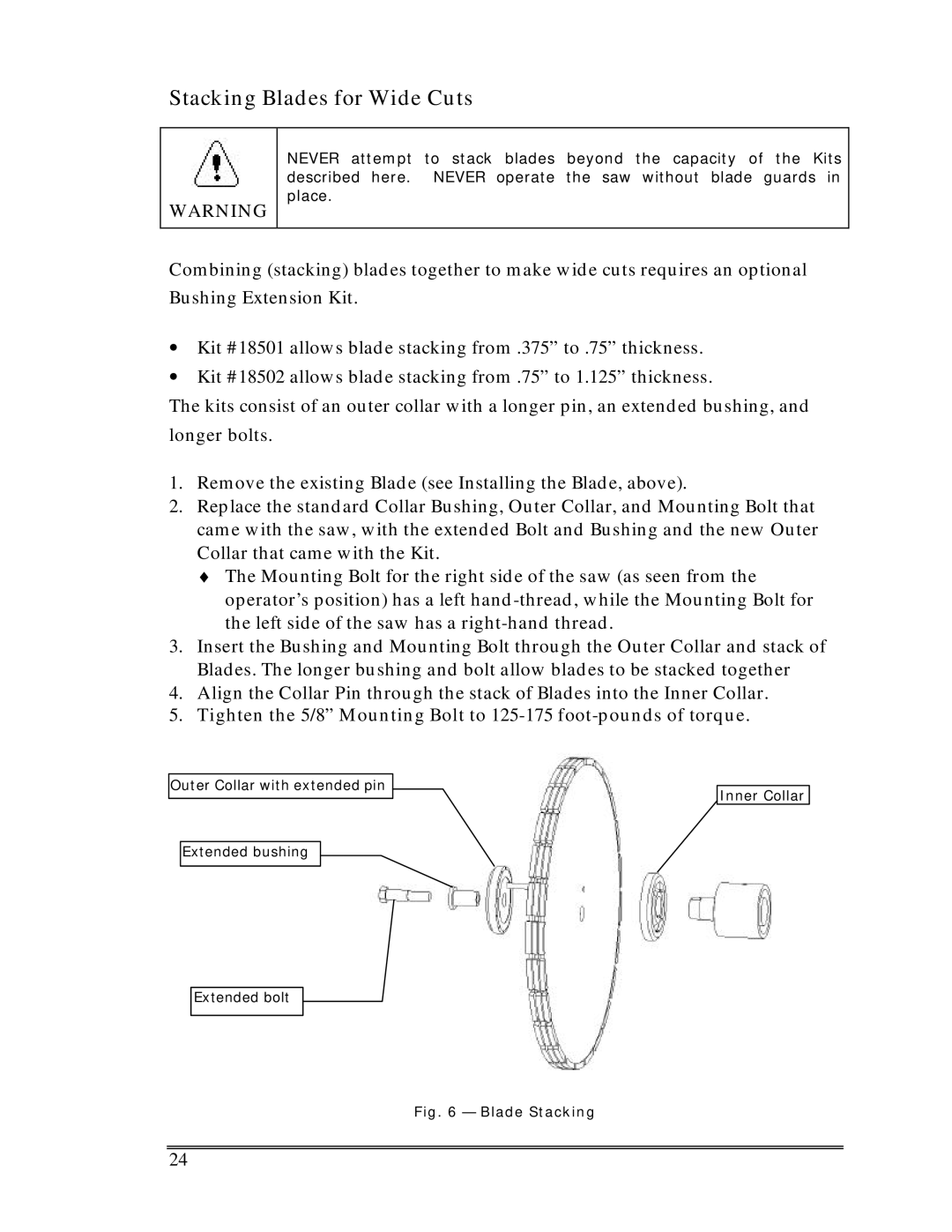 Multiquip Sp-6065 operation manual Stacking Blades for Wide Cuts, Blade Stacking 