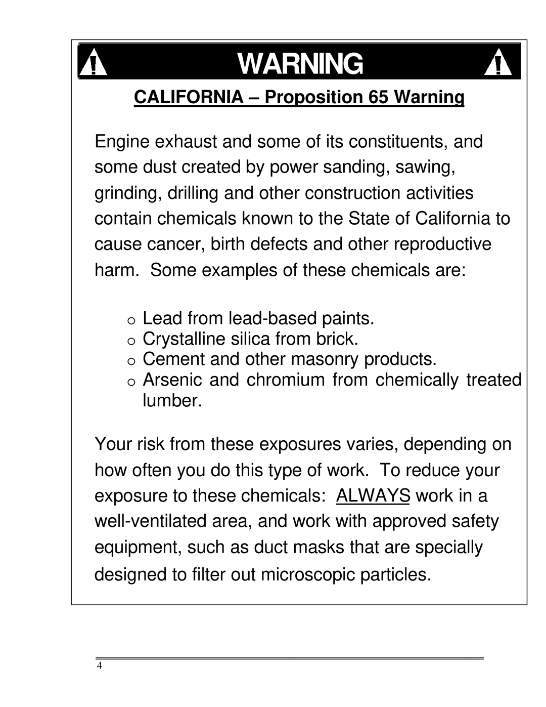 Multiquip Sp-6065 operation manual California Proposition 65 Warning 