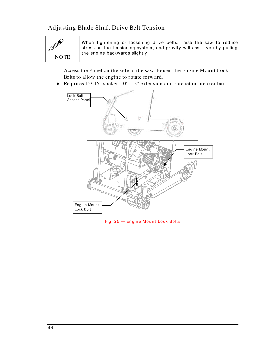 Multiquip Sp-6065 operation manual Adjusting Blade Shaft Drive Belt Tension, Engine Mount Lock Bolts 