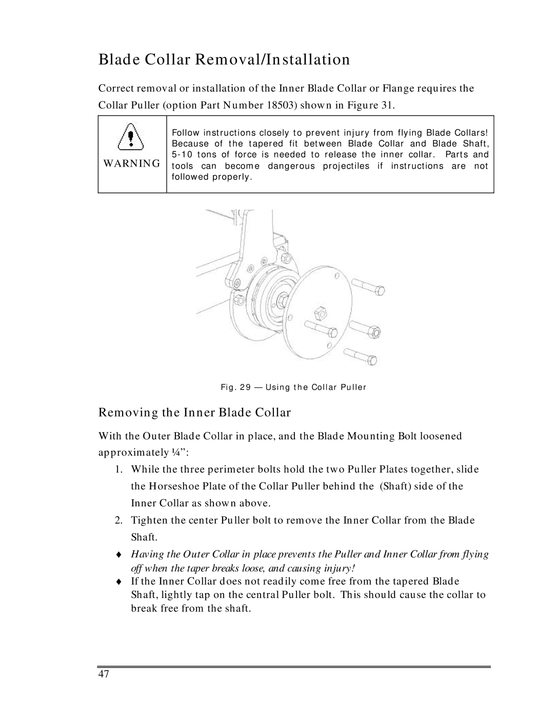 Multiquip Sp-6065 operation manual Blade Collar Removal/Installation, Removing the Inner Blade Collar 