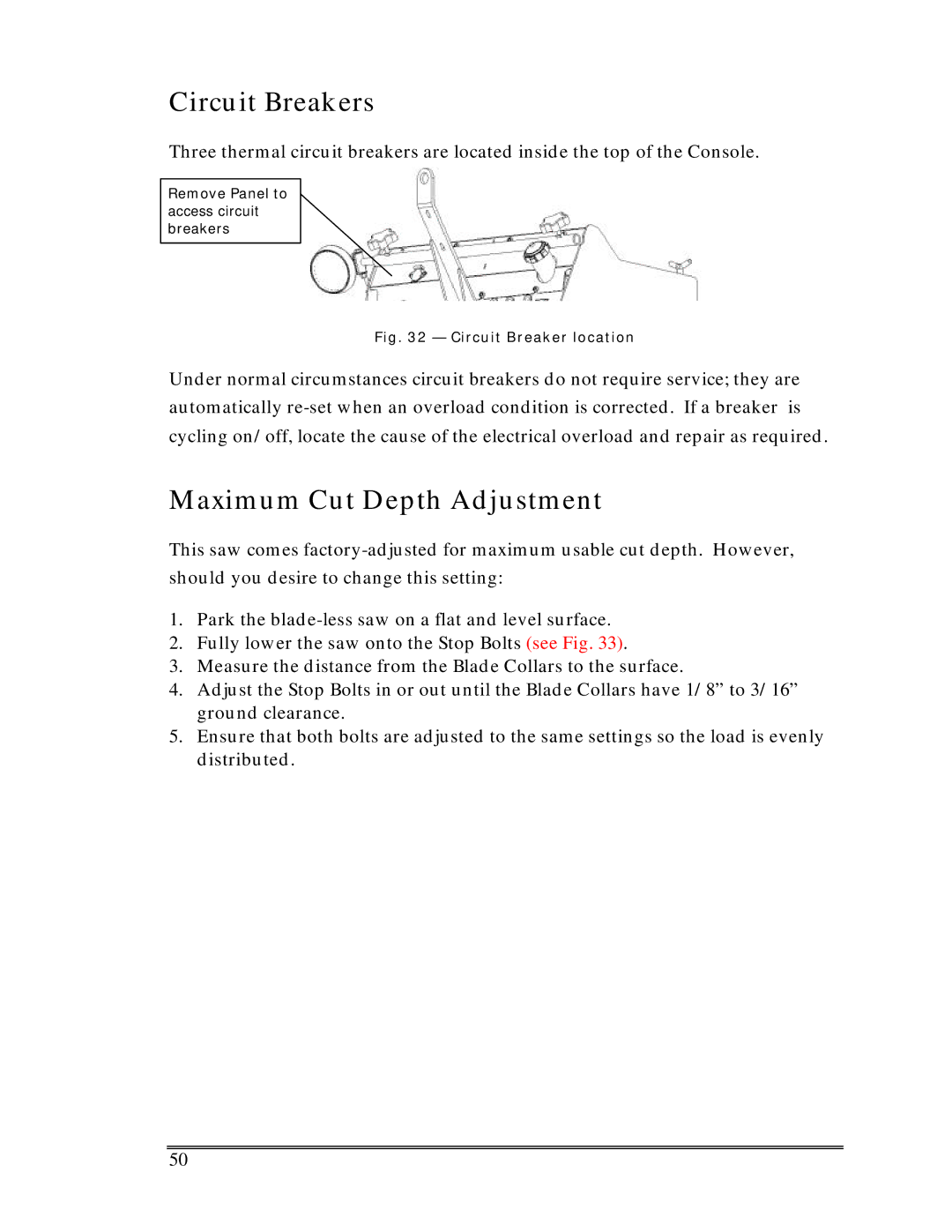 Multiquip Sp-6065 operation manual Circuit Breakers, Maximum Cut Depth Adjustment 