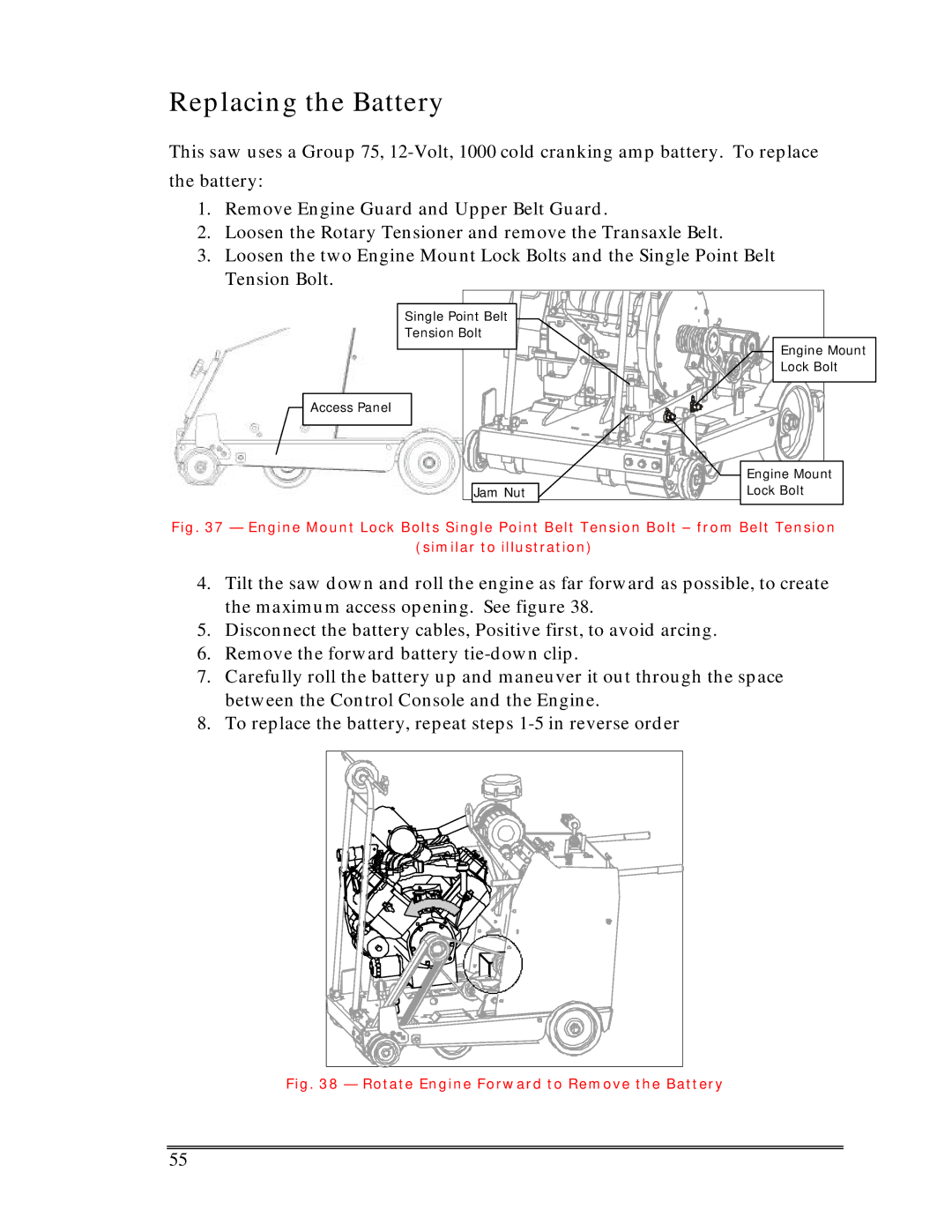 Multiquip Sp-6065 operation manual Replacing the Battery, Rotate Engine Forward to Remove the Battery 