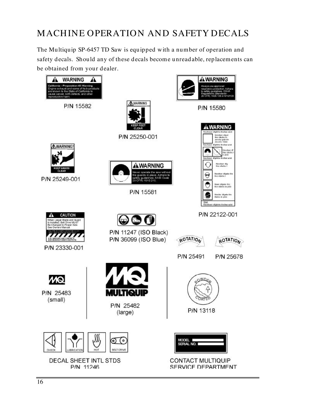 Multiquip SP-6457 TD operation manual Machine Operation and Safety Decals 