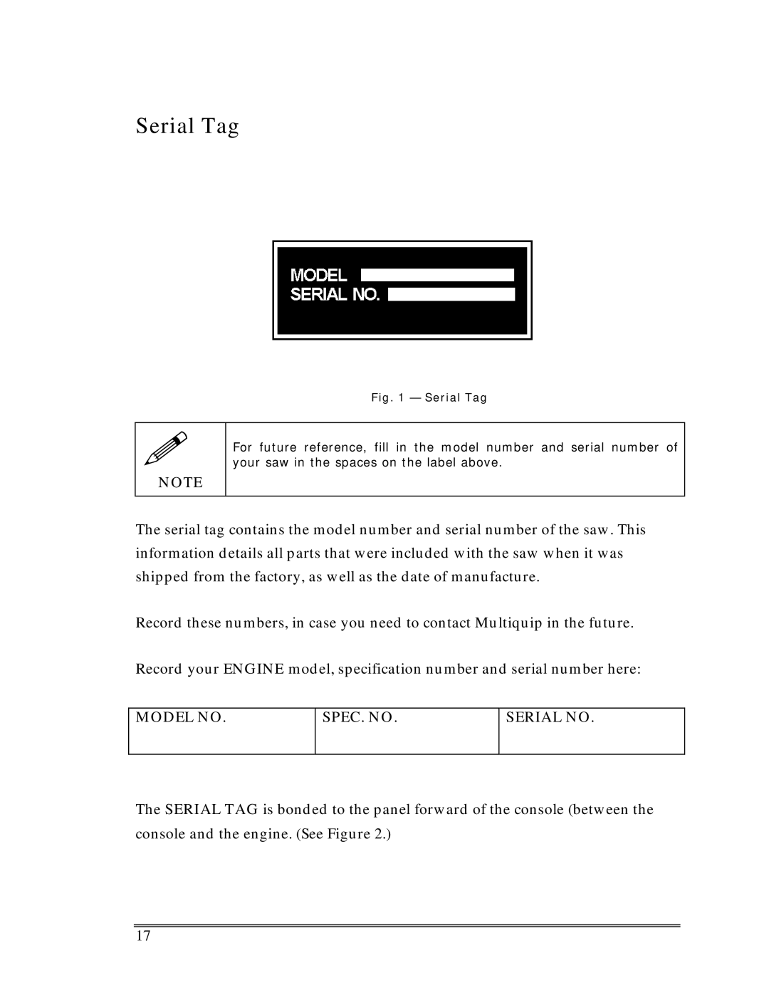 Multiquip SP-6457 TD operation manual Serial Tag, Model no SPEC. no Serial no 