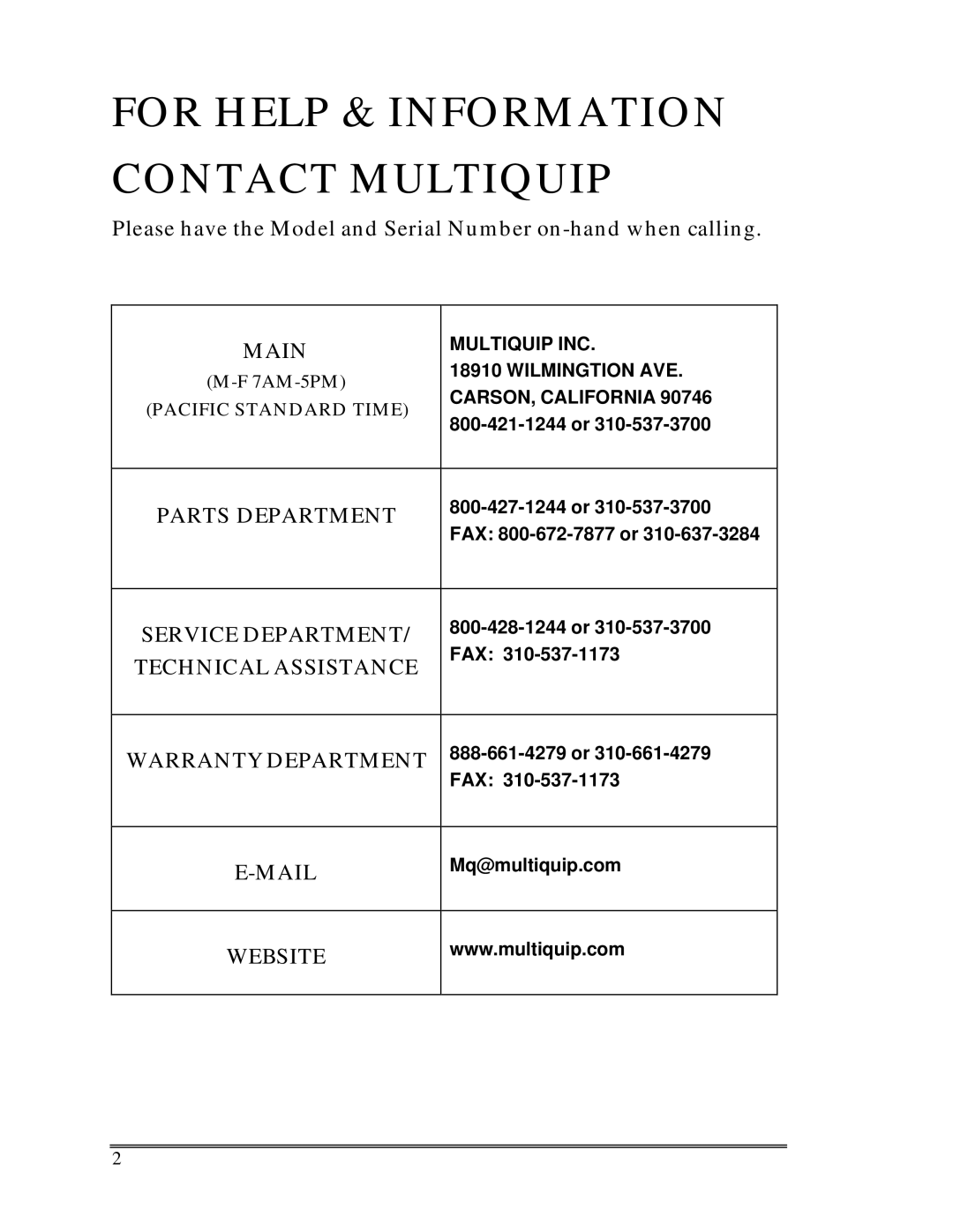 Multiquip SP-6457 TD operation manual For Help & Information Contact Multiquip 