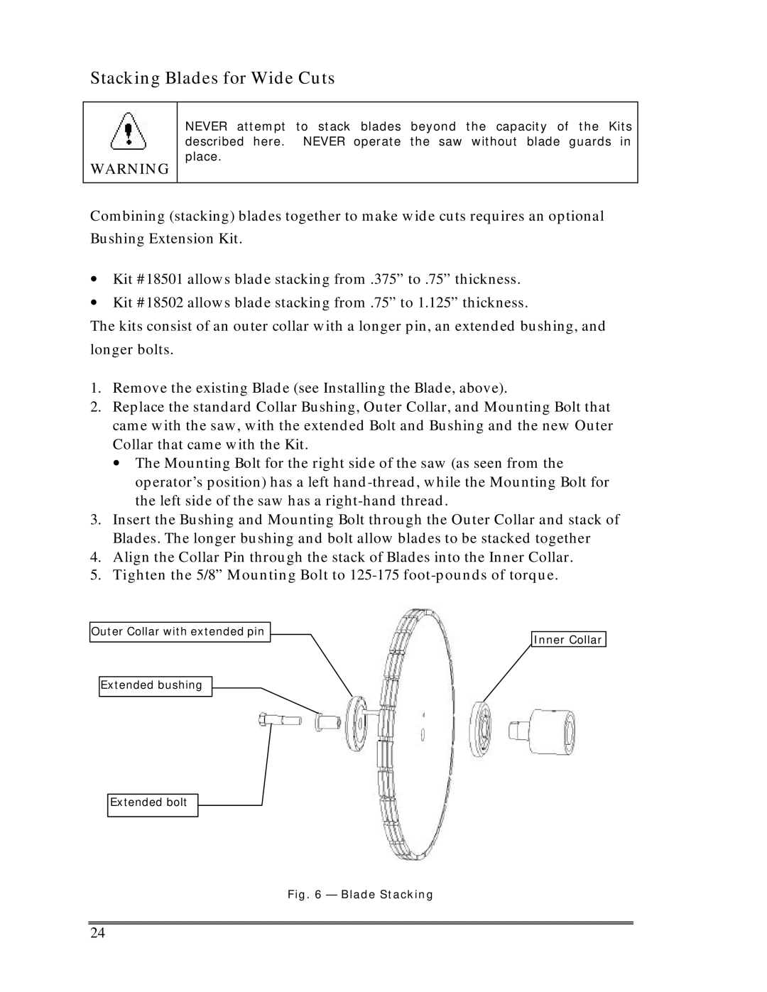 Multiquip SP-6457 TD operation manual Stacking Blades for Wide Cuts, Blade Stacking 