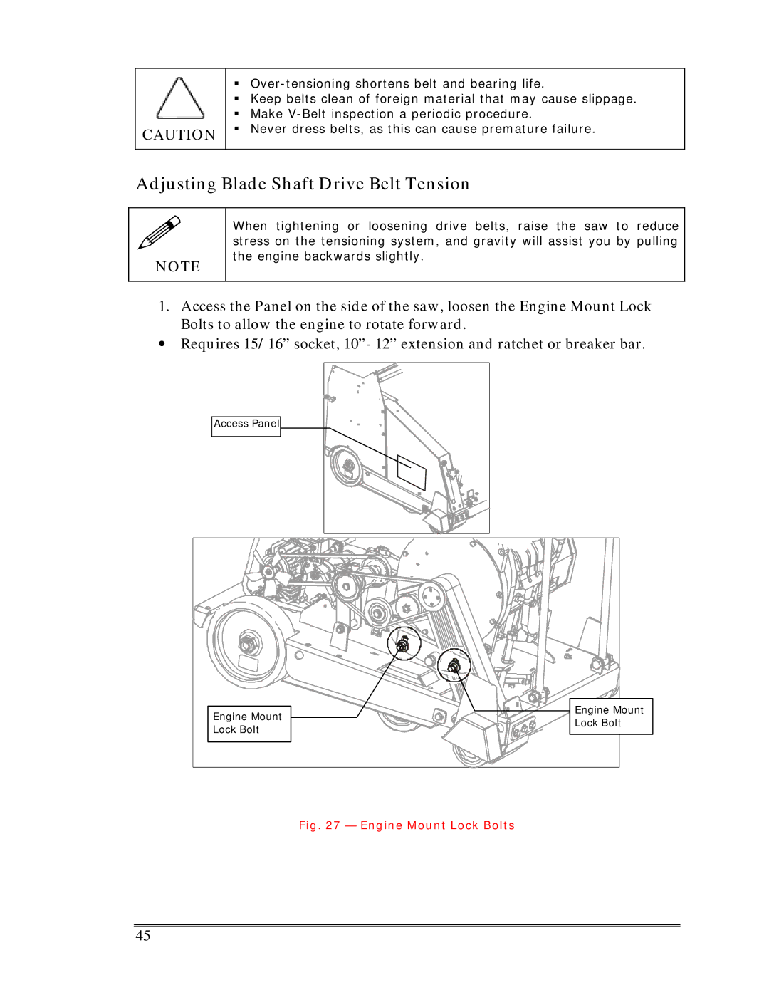 Multiquip SP-6457 TD operation manual Adjusting Blade Shaft Drive Belt Tension, Engine Mount Lock Bolts 