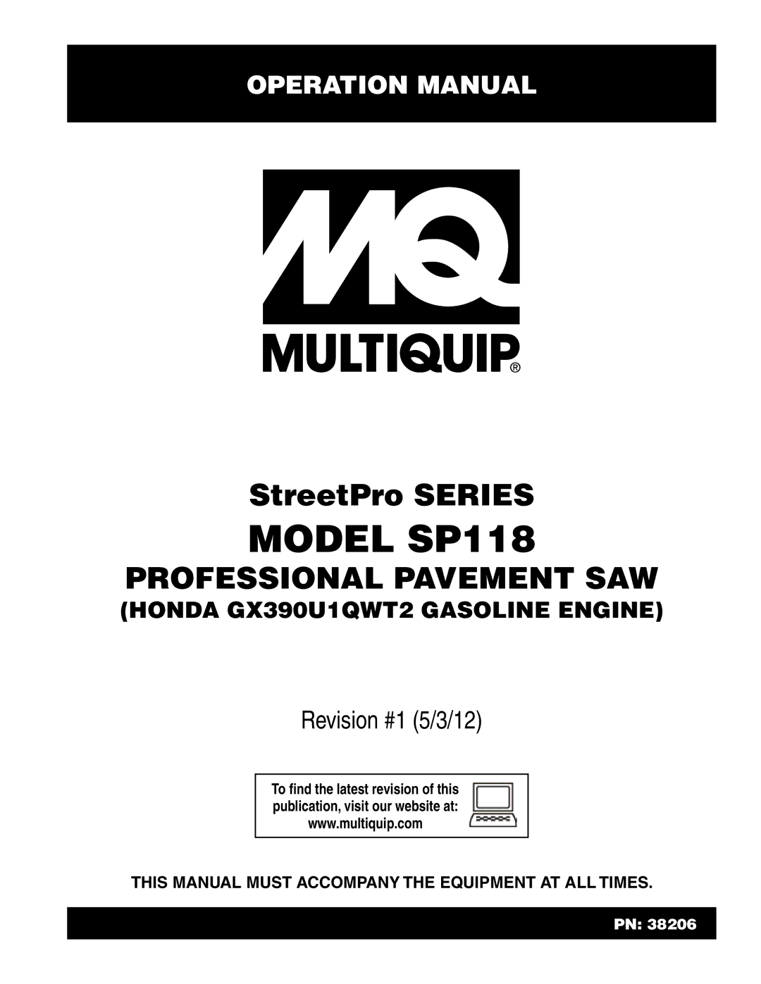 Multiquip SP118 operation manual Model sp118, This Manual Must Accompany the Equipment AT ALL Times 