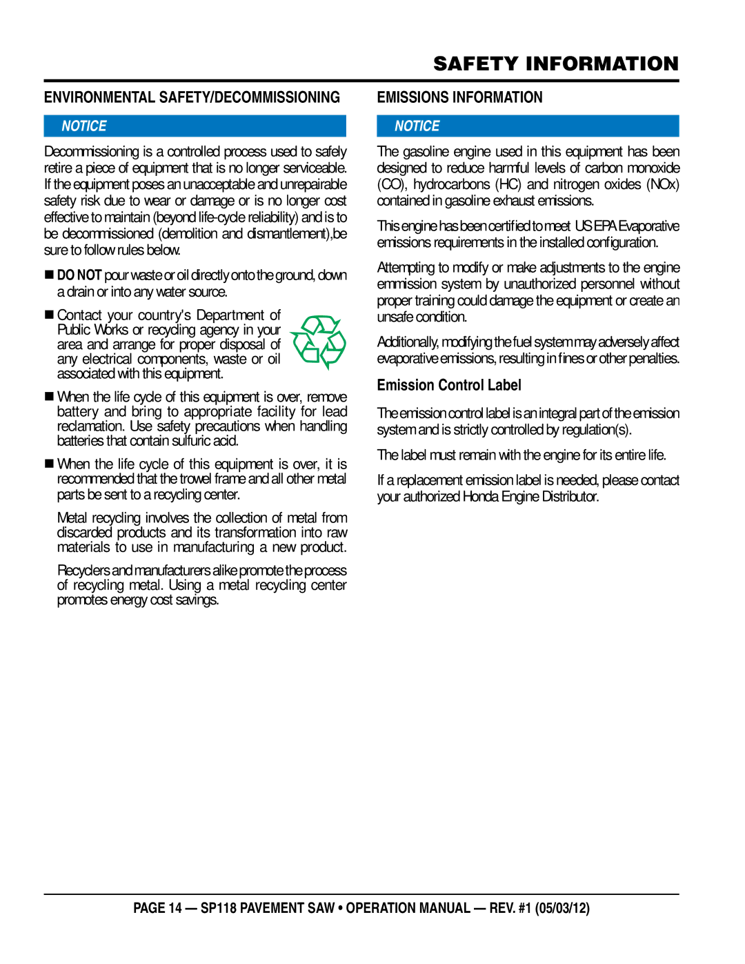 Multiquip SP118 operation manual EnvironmenTal SaFeTY/DeCommiSSioning, EmiSSionS inFormaTion, Emission Control label 