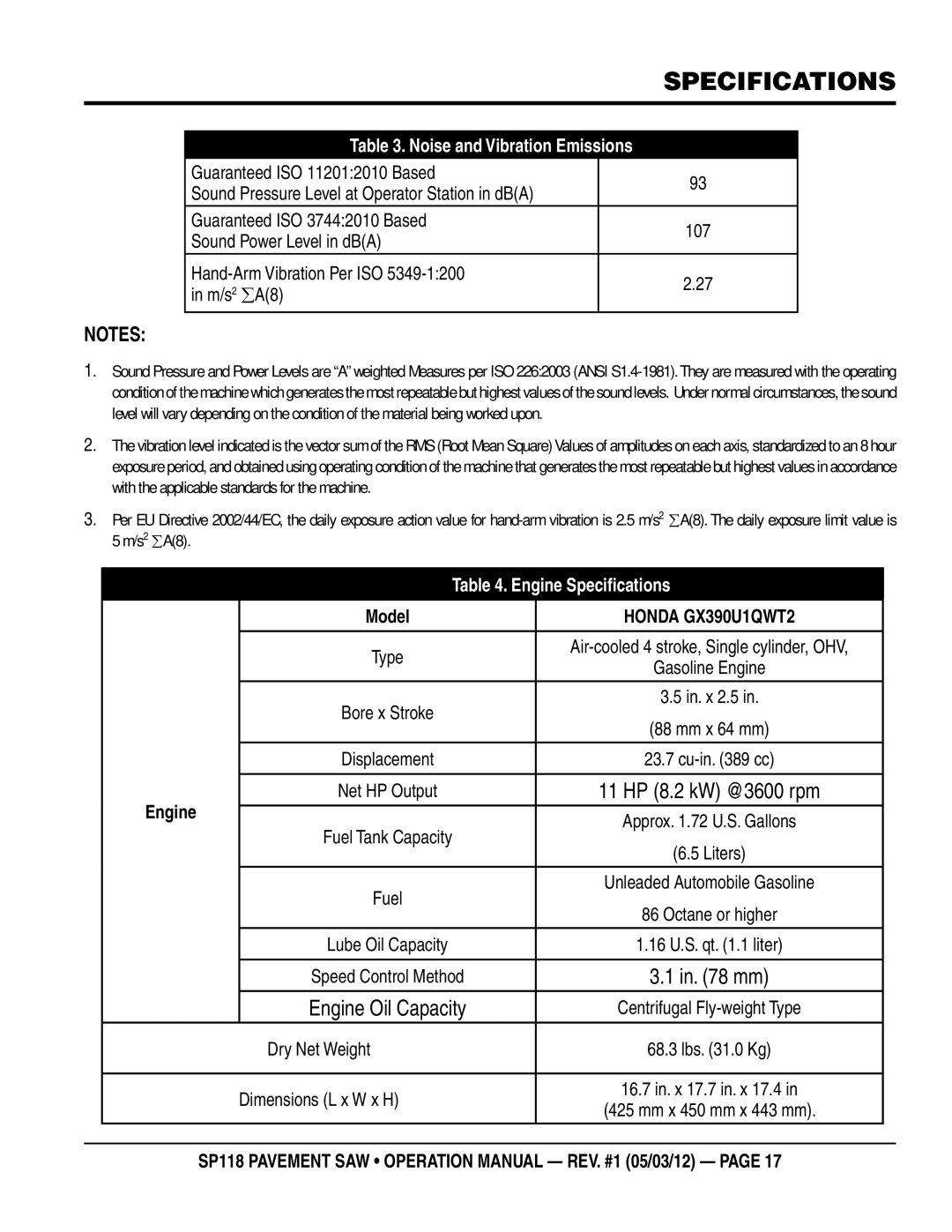 Multiquip SP118 operation manual Noise and Vibration Emissions, Engine Specifications 