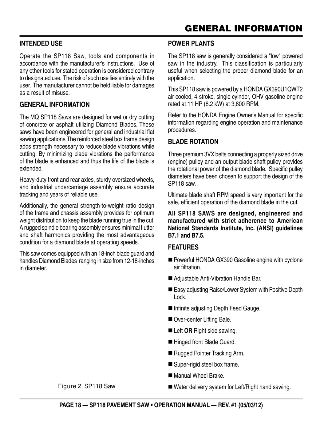 Multiquip SP118 operation manual General Information, Intended USE, Blade Rotation 