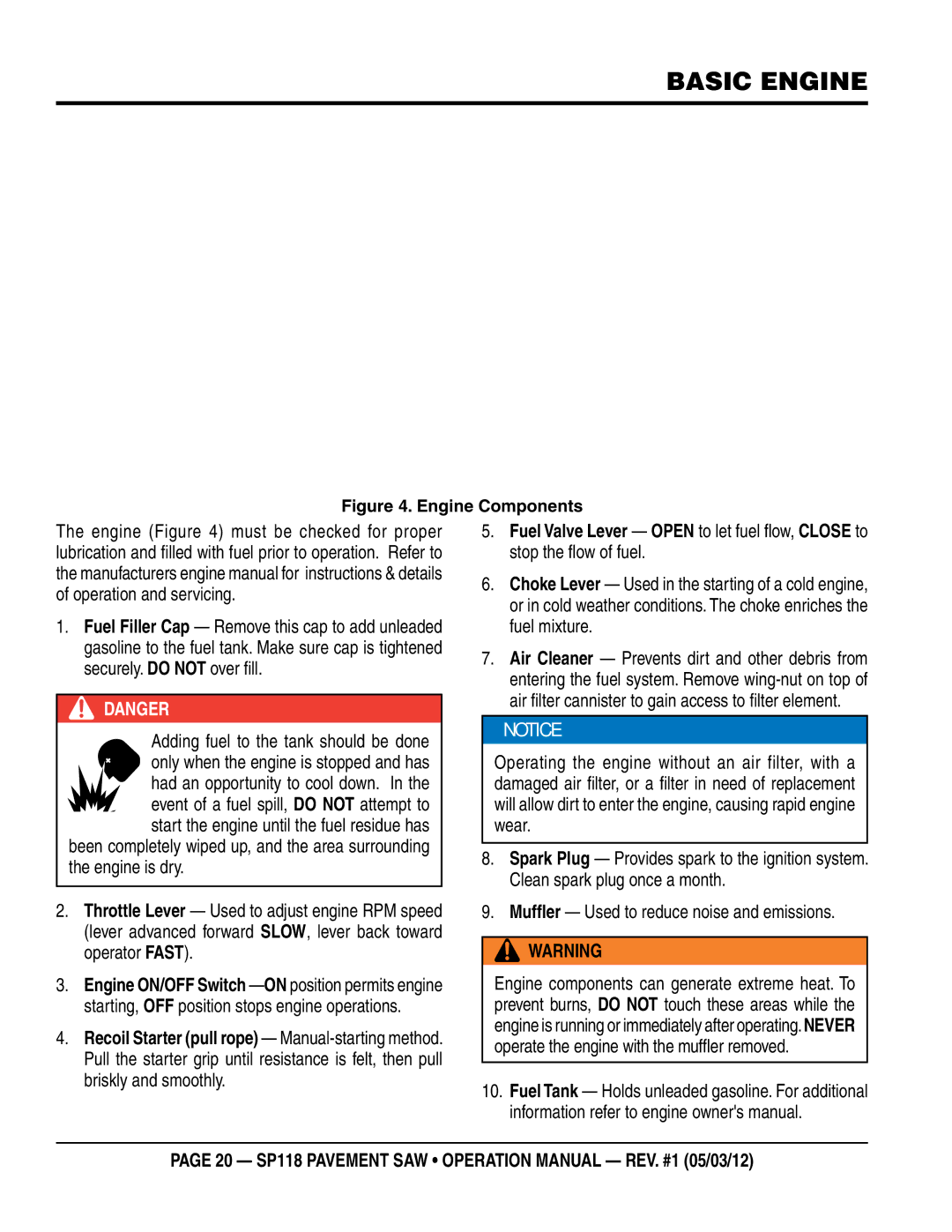 Multiquip SP118 operation manual Basic engine, Engine Components 