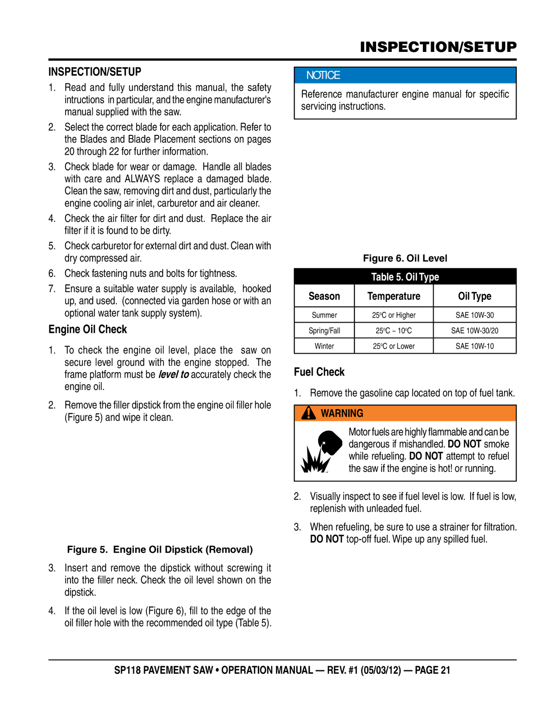 Multiquip SP118 operation manual INSPECTION/setup, Inspection/setup, Engine Oil Check, Fuel Check, Oil Type 