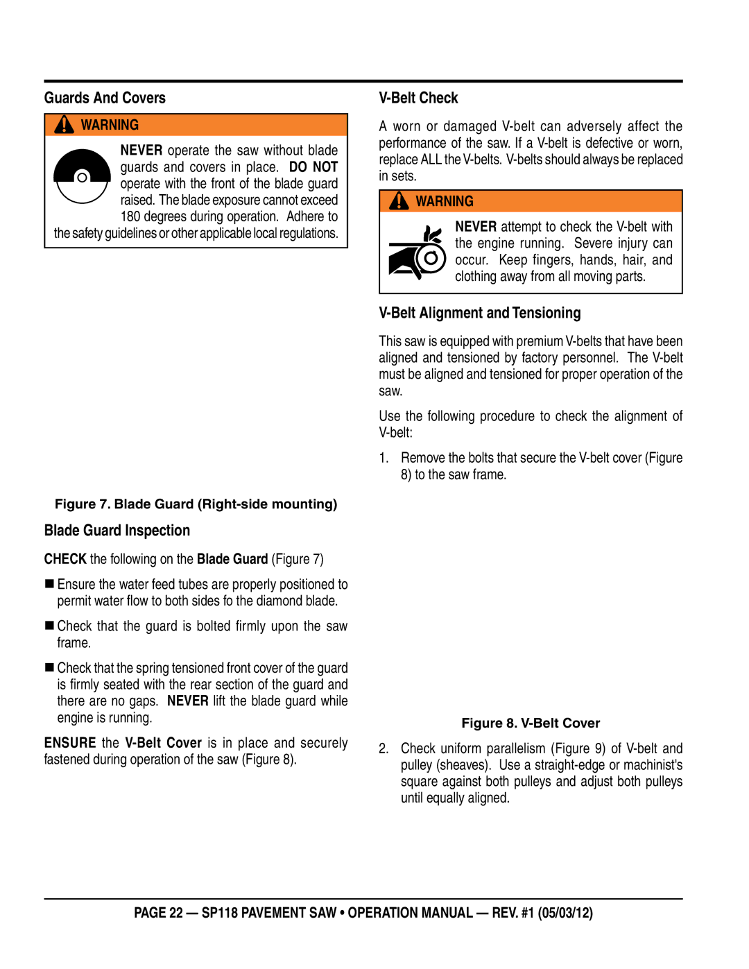 Multiquip SP118 operation manual Guards And Covers, Blade Guard Inspection, Belt Check, Belt Alignment and Tensioning 