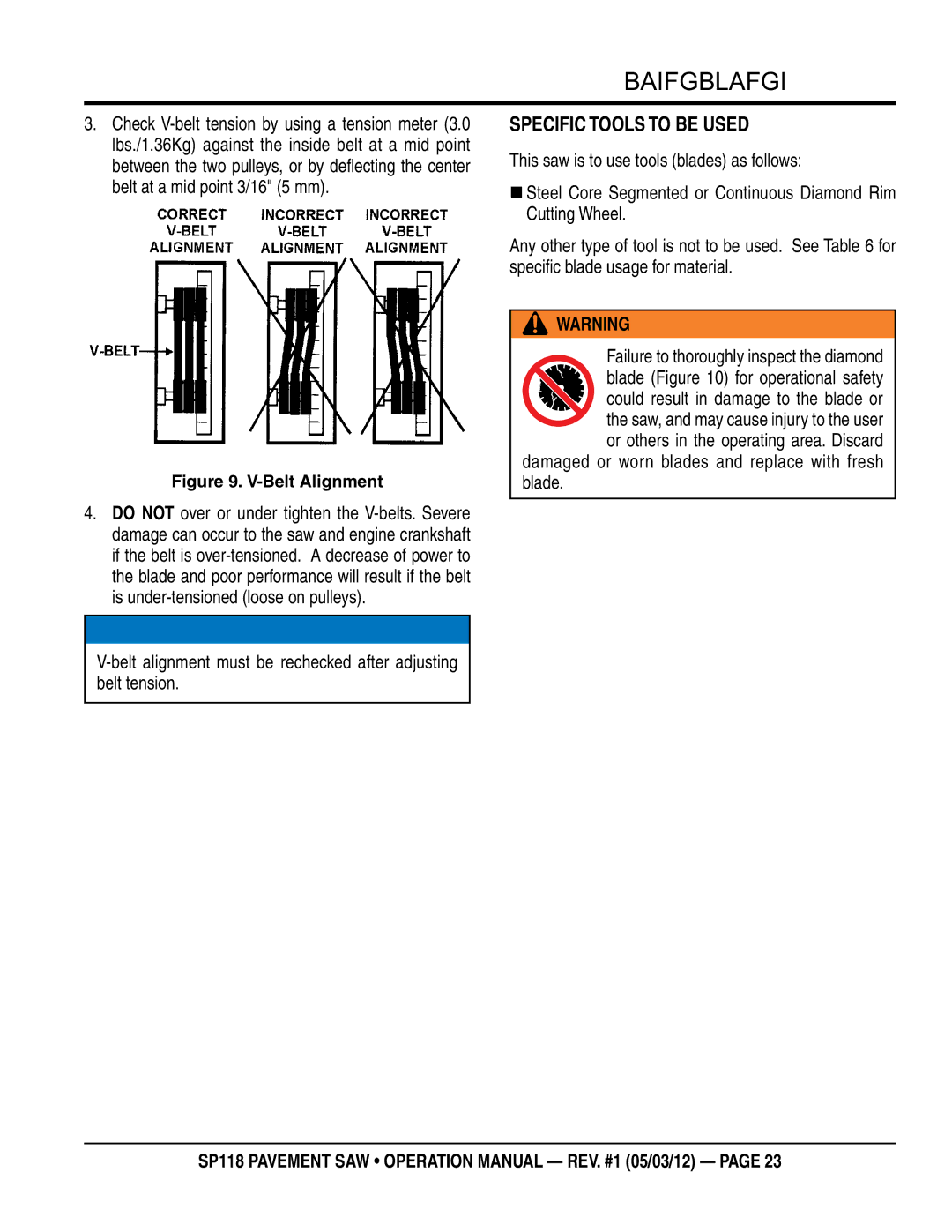 Multiquip SP118 operation manual Specific Tools to be Used, Damaged or worn blades and replace with fresh blade 