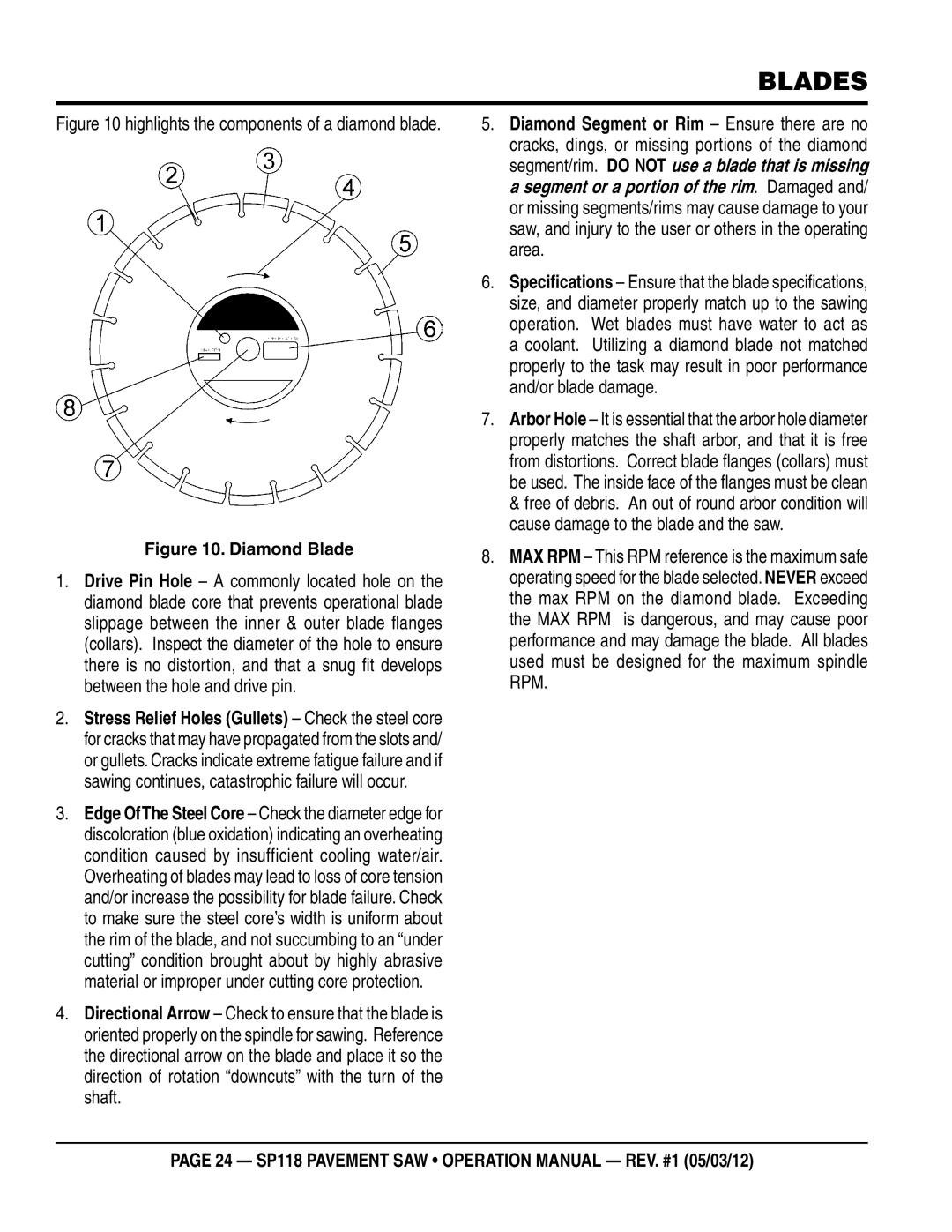 Multiquip SP118 operation manual Blades, Highlights the components of a diamond blade 