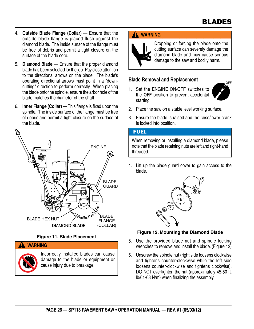 Multiquip SP118 operation manual BLADEs, Blade Removal and Replacement 