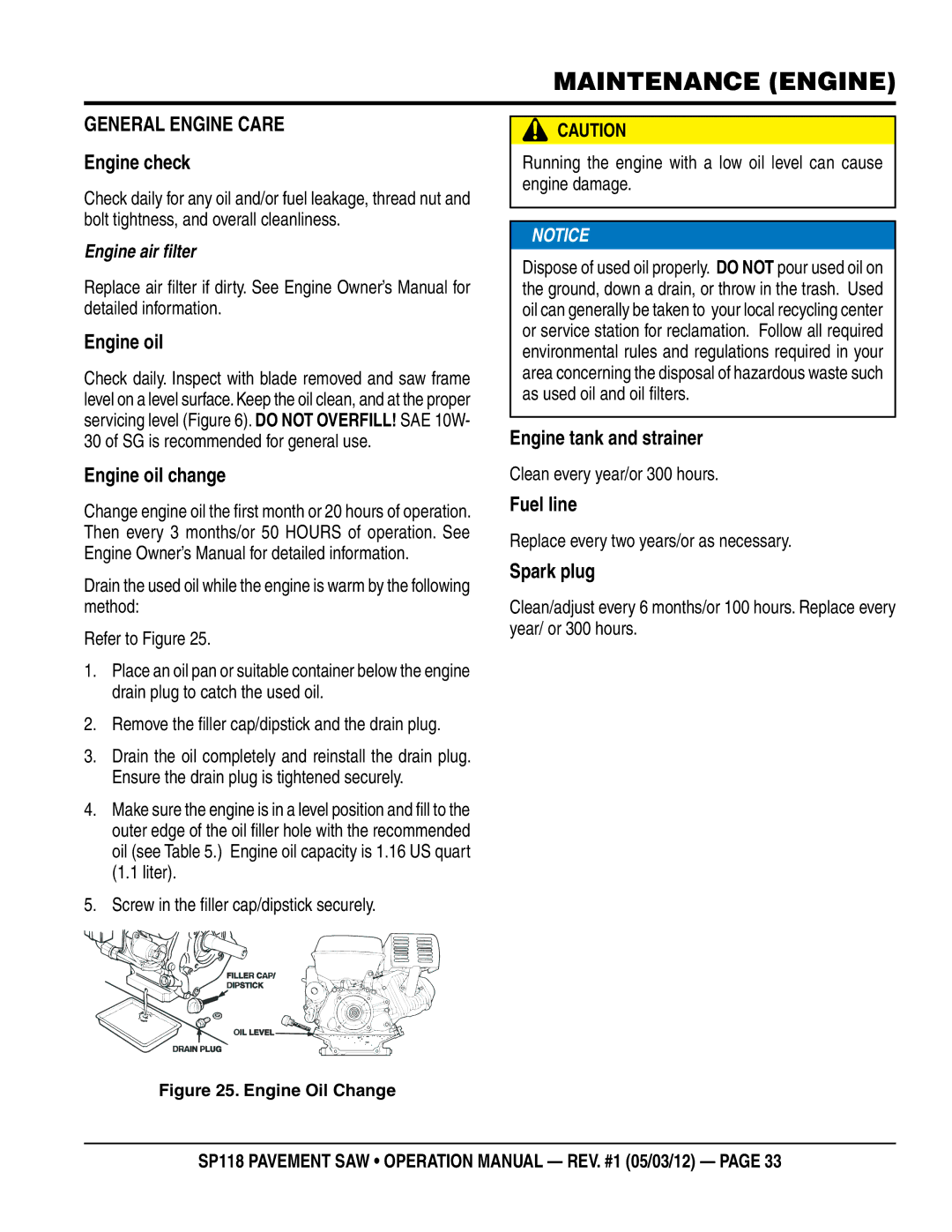 Multiquip SP118 operation manual MAINTENANCE engine 