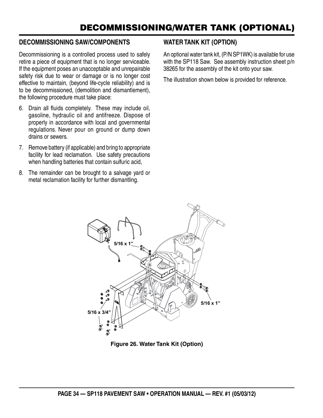 Multiquip SP118 operation manual Decommissioning/water tank optional, Decommissioning SAW/Components, Water Tank KIT Option 