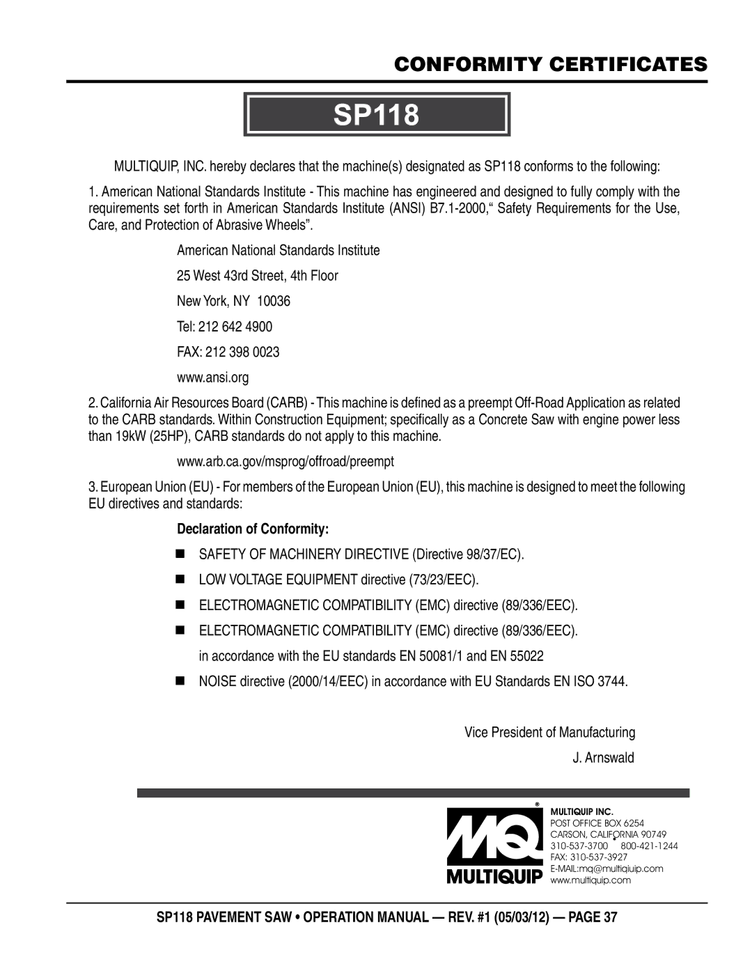 Multiquip SP118 operation manual Conformity Certificates, New York, NY Tel 212 642 FAX 212 398, Declaration of Conformity 