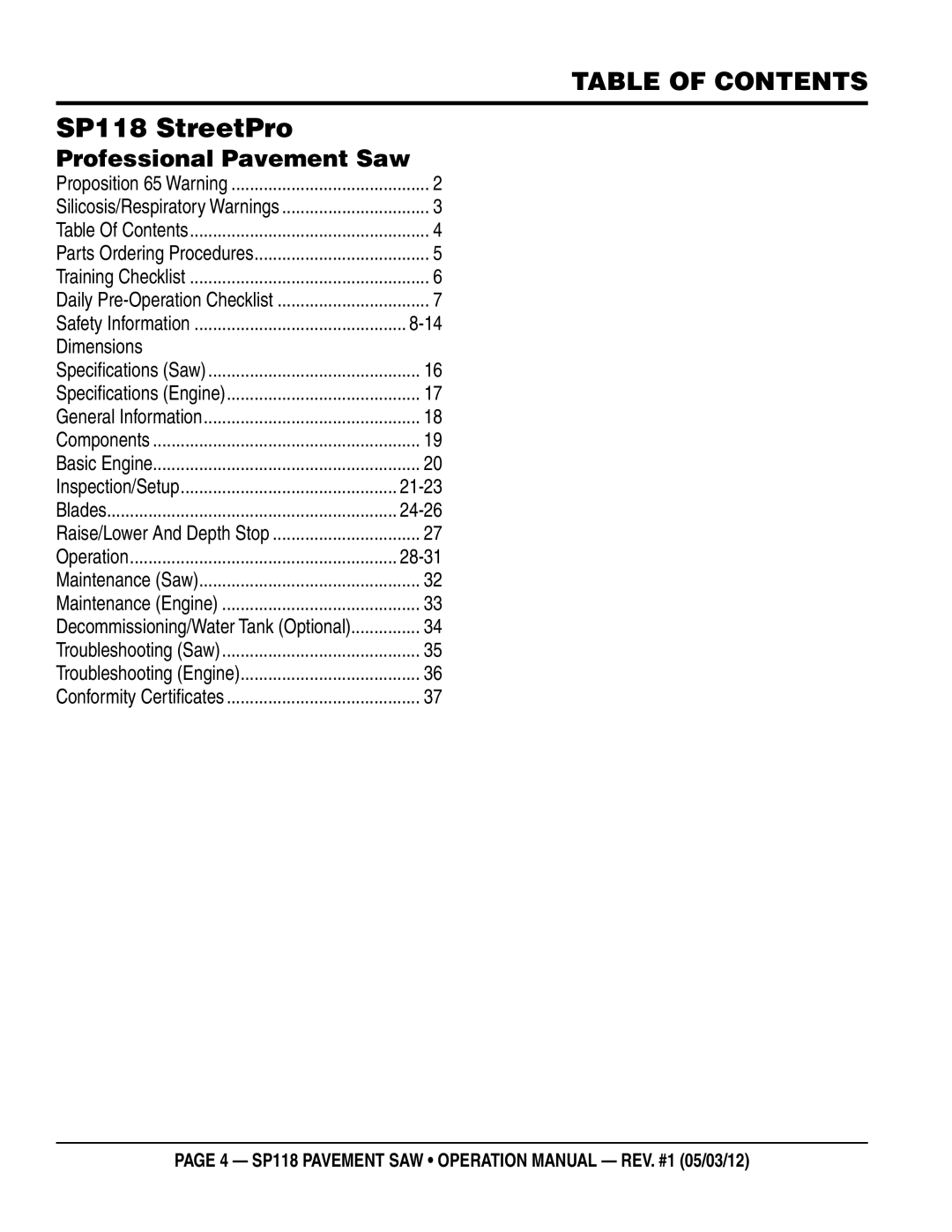 Multiquip operation manual SP118 StreetPro, Table of Contents 