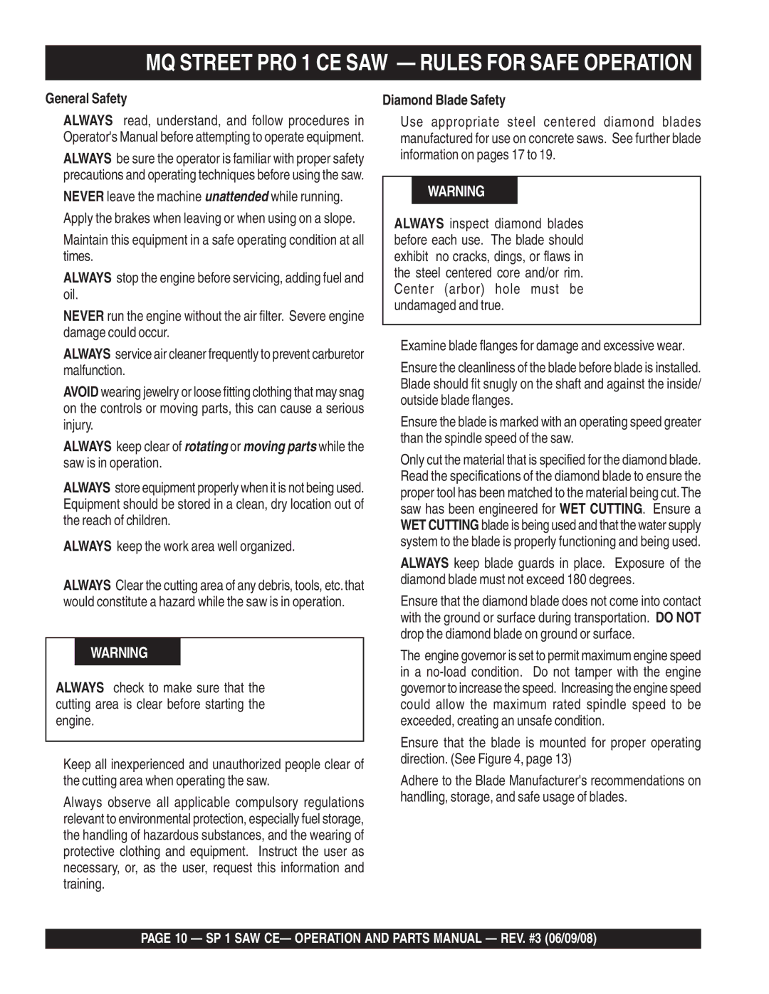 Multiquip SP1CE13H18 manual MQ Street PRO 1 CE SAW Rules for Safe Operation, General Safety, Diamond Blade Safety 