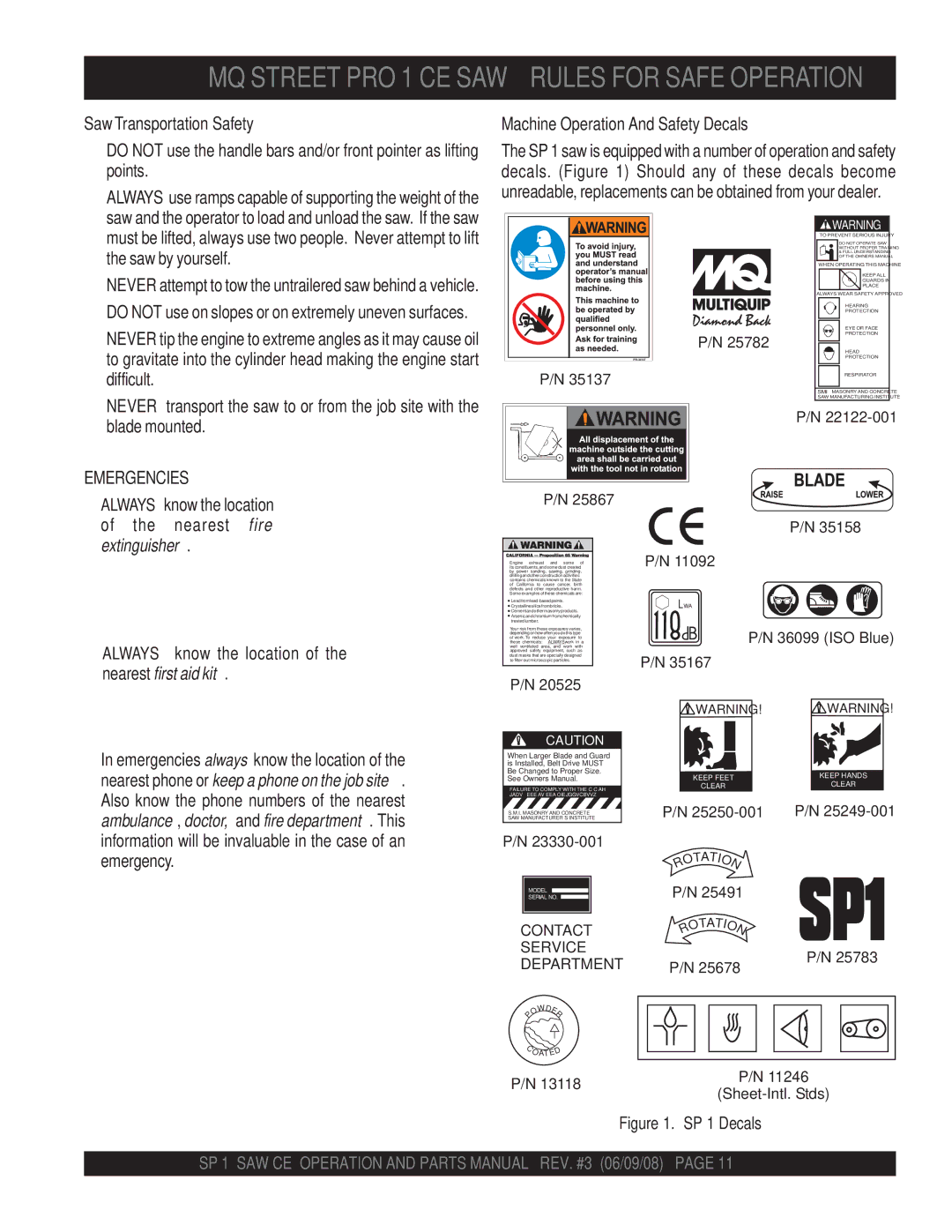 Multiquip SP1CE13H18 manual Saw Transportation Safety, Machine Operation And Safety Decals, Emergencies 