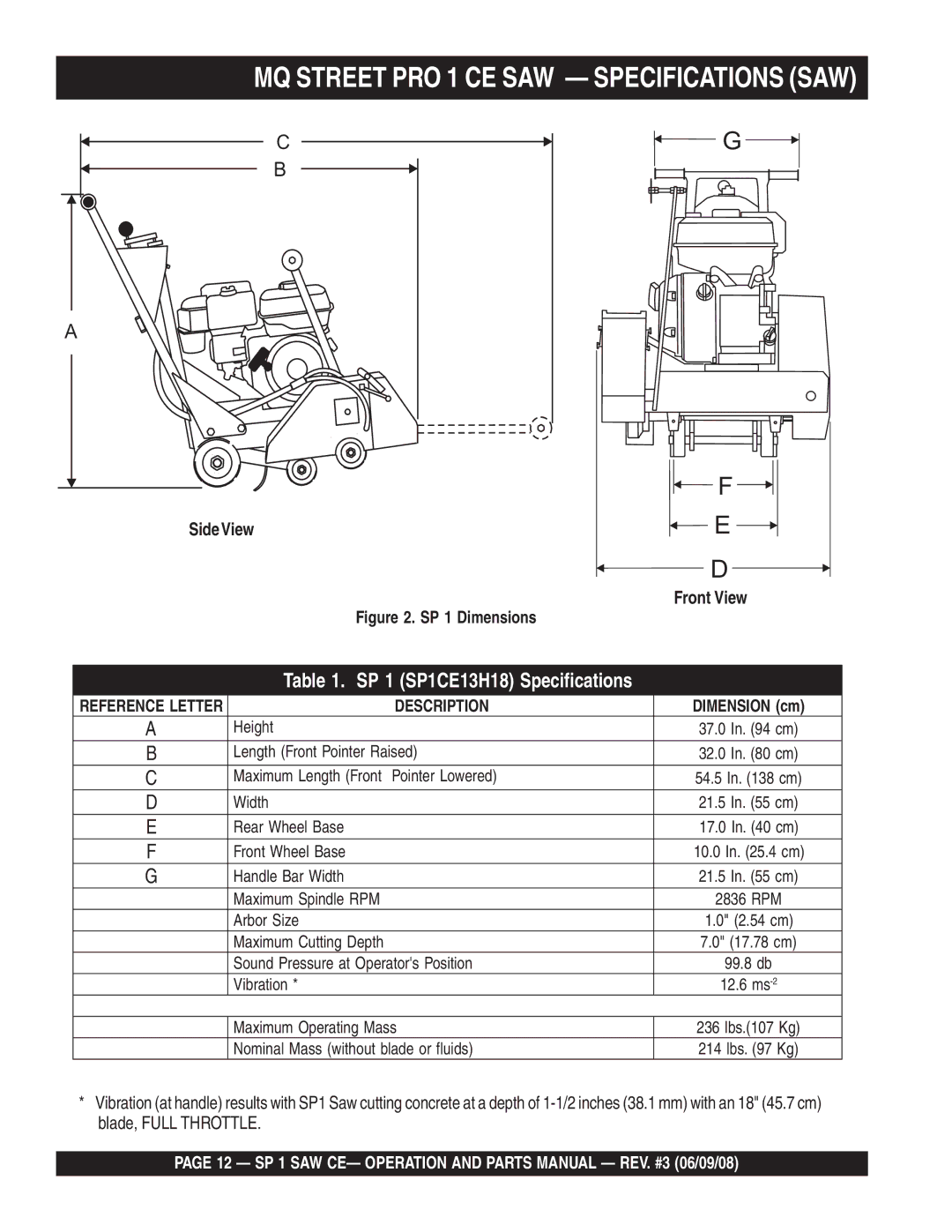 Multiquip SP1CE13H18 manual MQ Street PRO 1 CE SAW Specifications SAW, SideView 