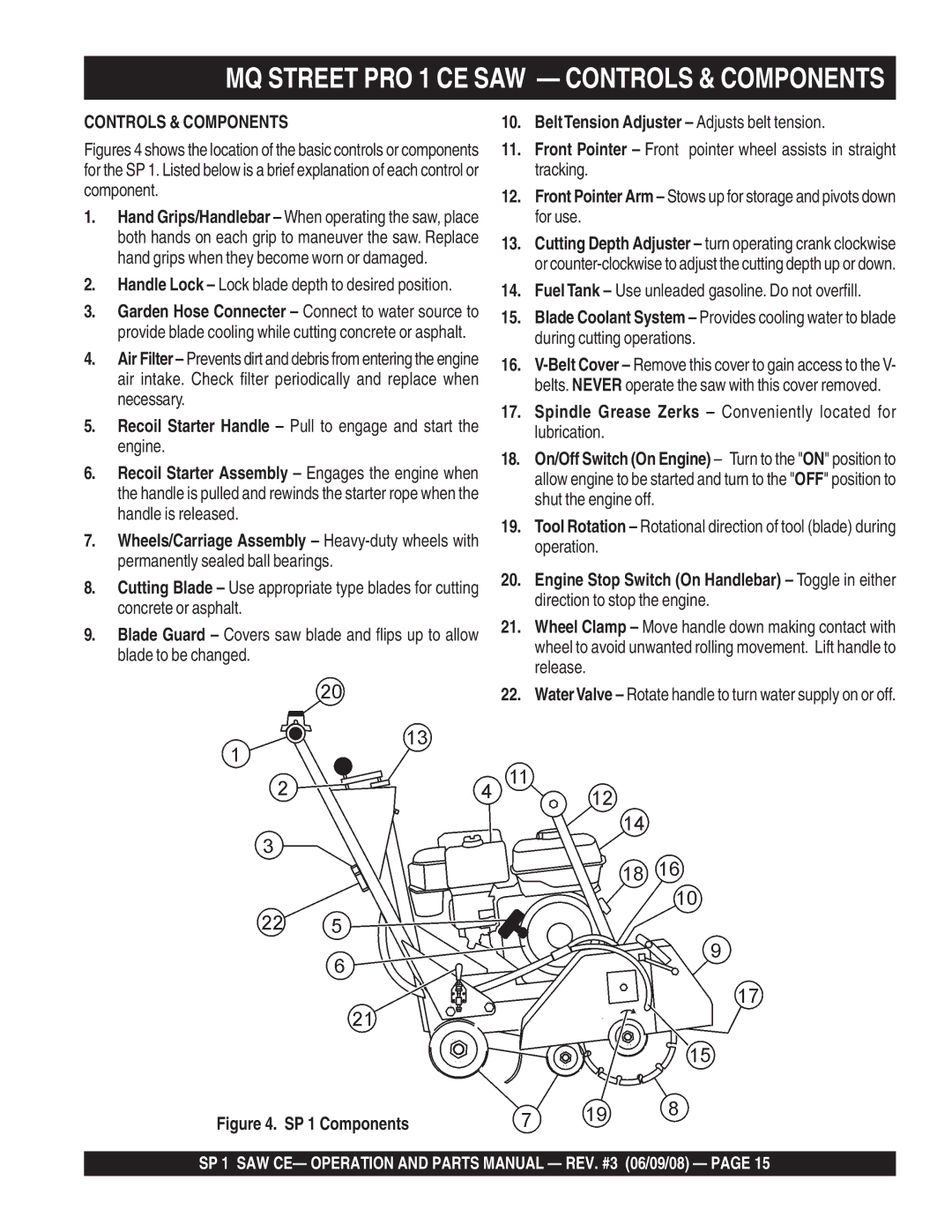 Multiquip SP1CE13H18 manual MQ Street PRO 1 CE SAW Controls & Components, BeltTension Adjuster Adjusts belt tension 